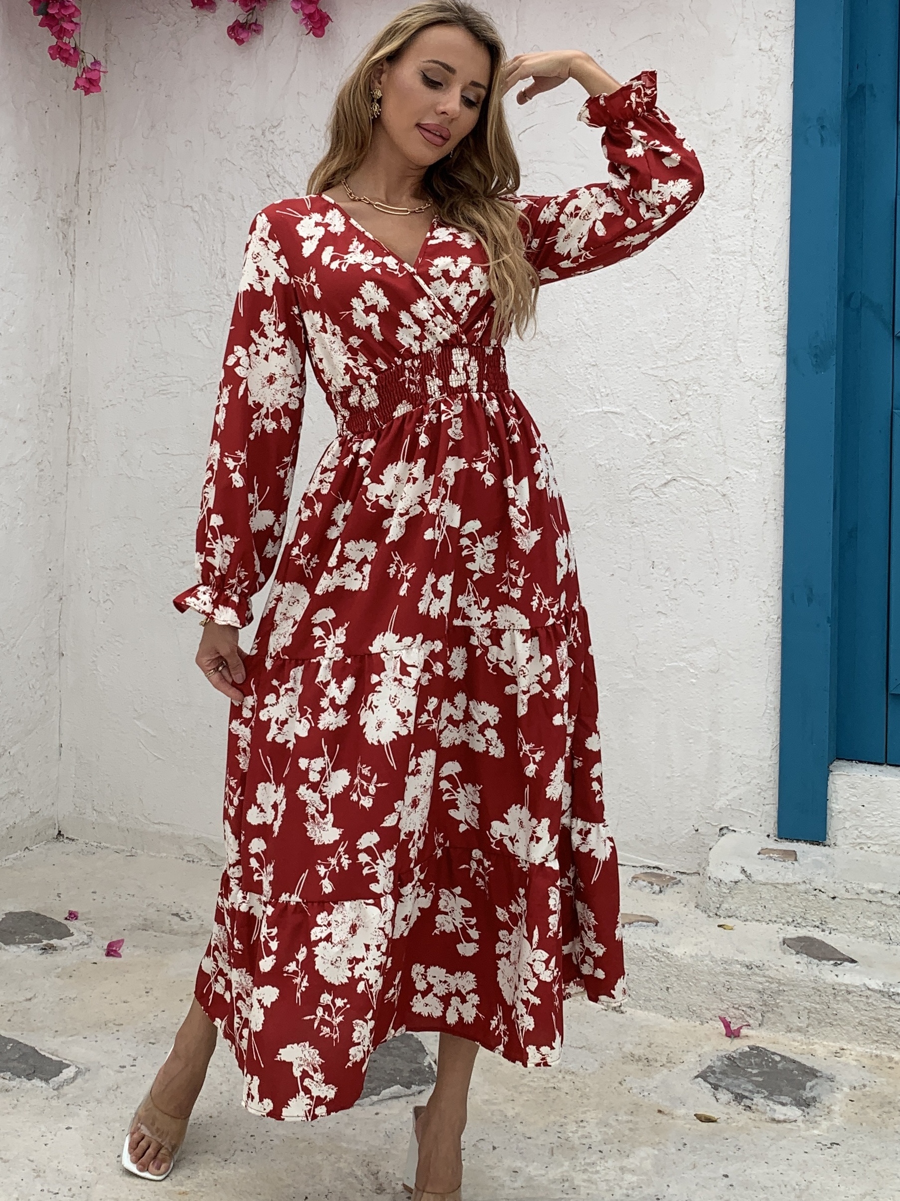 Women's Dresses Floral Print Vacation Long Sleeve Maxi Dress - Temu