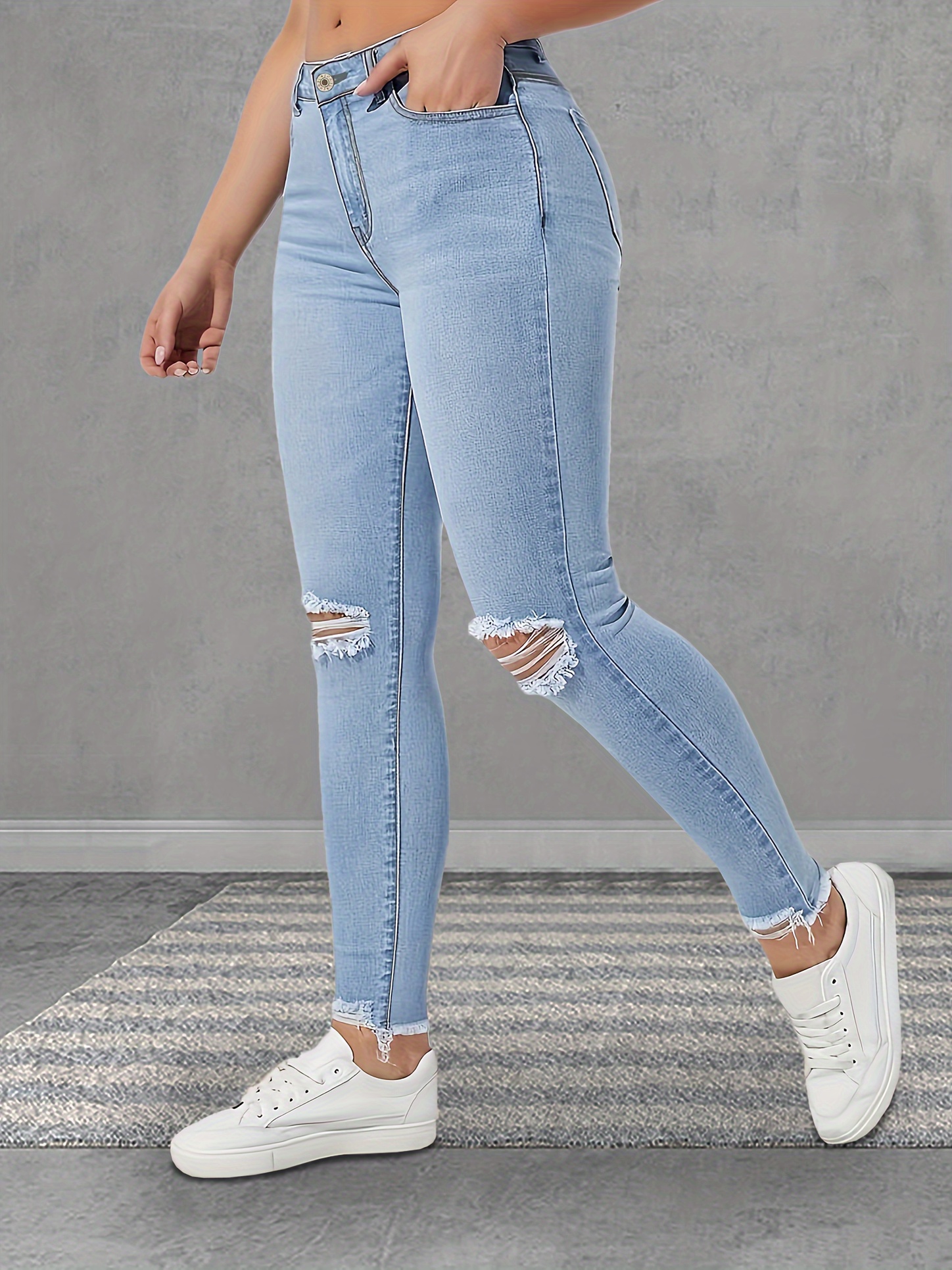 Solid Color Ripped Holes Washed Skinny Jeans * Hem High Stretch Slim Fitted  Denim Pants, Women's Denim Jeans & Clothing