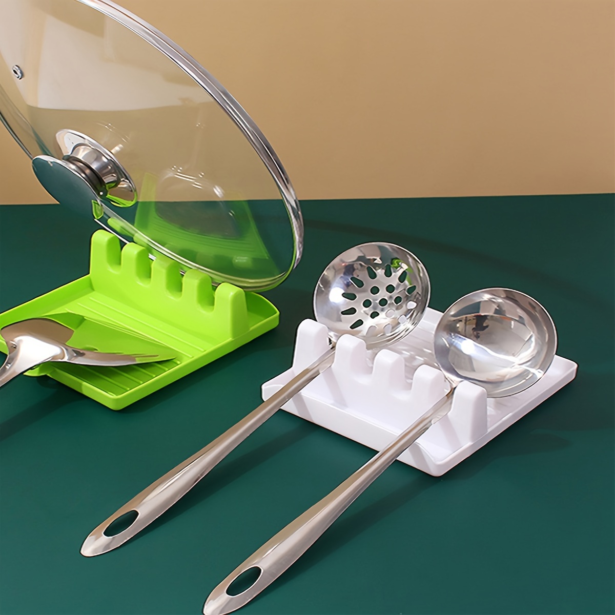 Green & White Plastic Multi-Functional Spatula Holder/Rest for Kitchen  Utensils