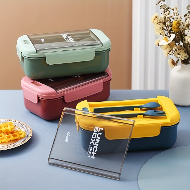 Rectangular Compartmented Lunch Box w/ Chopsticks & Spoons Food Container