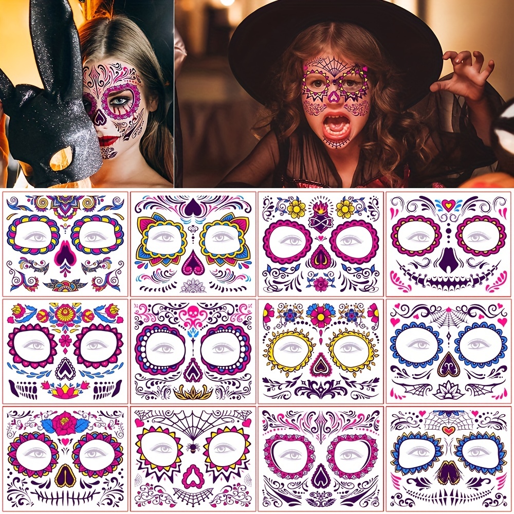 30 Sheets Halloween Face Stickers Body Art Decal Tattoos Skull Waterproof  Make up Stickets Stuckers 