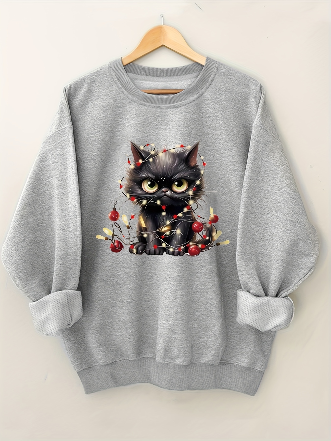 Plus Size Cat Print Sweatshirt Casual Long Sleeve Crew Neck Temu Denmark
