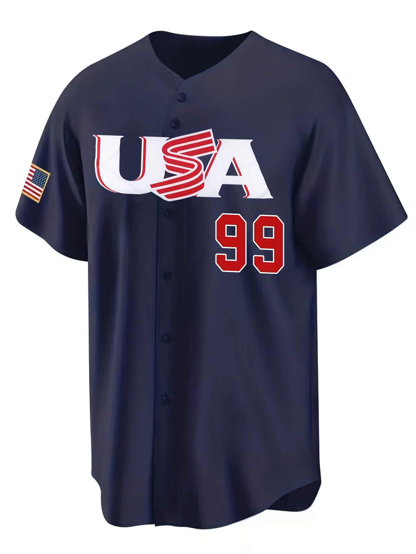 Men's Usa Print Baseball Jersey, Button Up Slightly Stretch Short