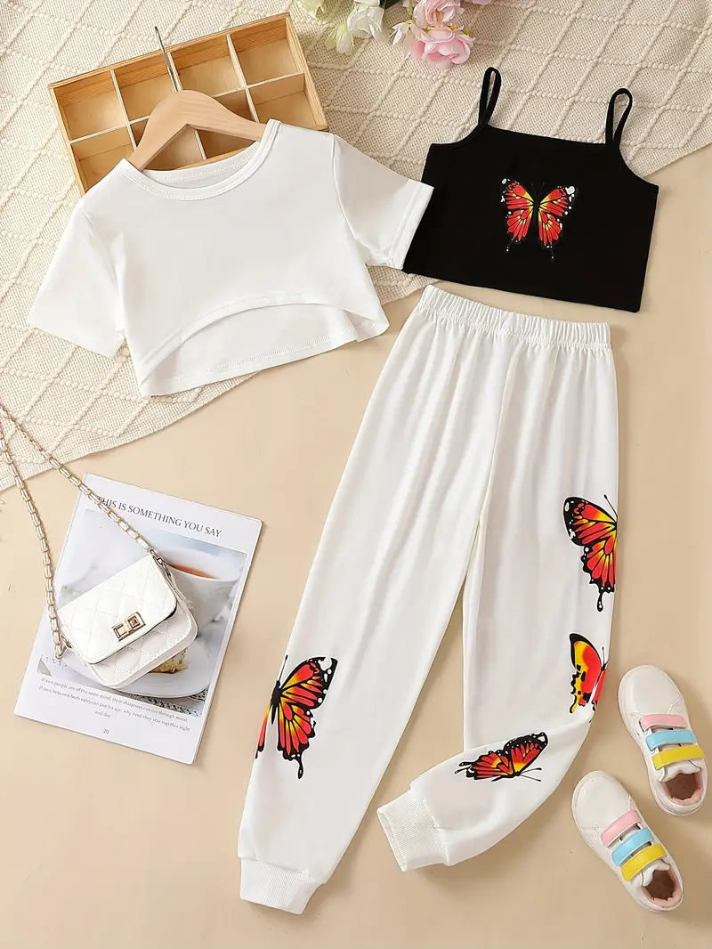 Girls 3pcs Cropped T-shirt & Cami Tank Top & Butterfly Print Jogger Pants  Set, Girls' Sets For Gift, Sports