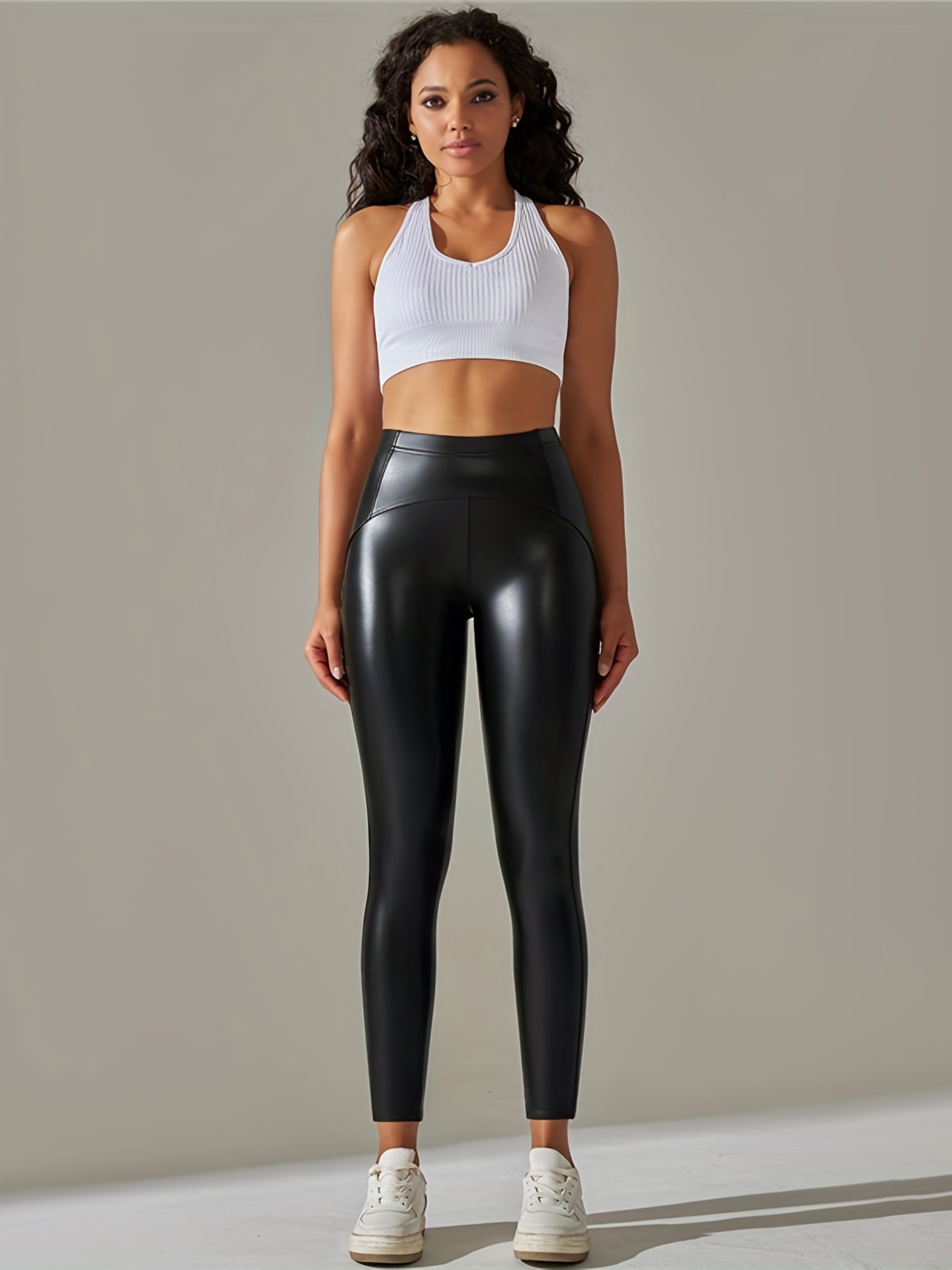 Gothic Solid Pu Leather High Waist Leggings Casual Skinny - Temu