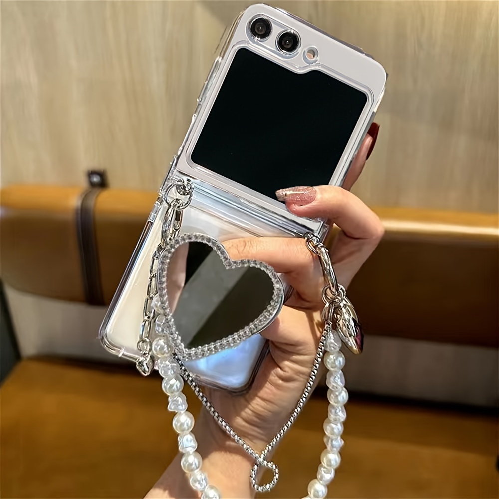 

Luxury Glitter Love Mirror Holder Pearl Bracelet Clear Case For Samsung Galaxy Z Flip 5 4 3 5g Z Flip5 Zflip5 Fashion Back Cover