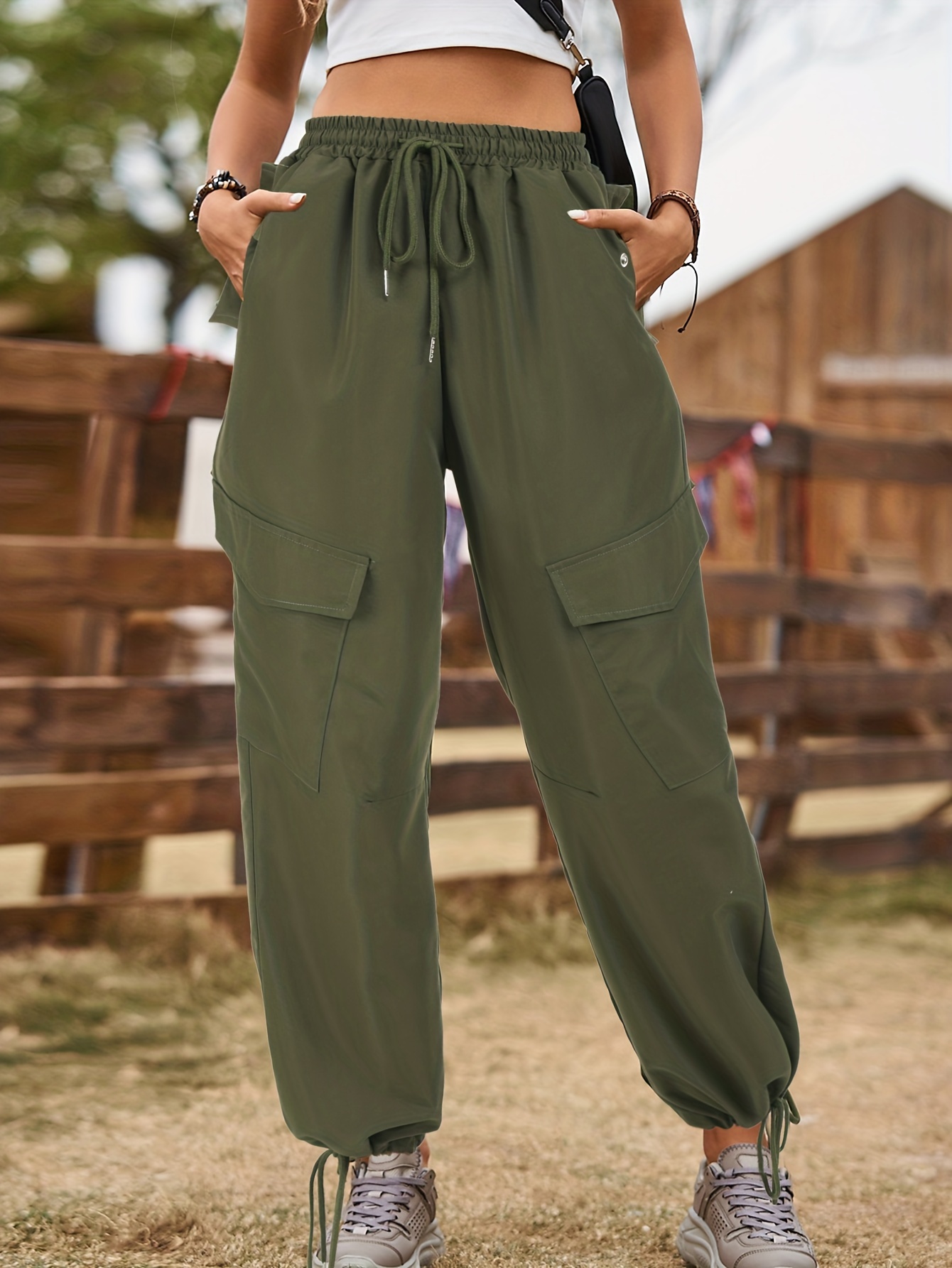 Loose Pocket Pants Casual Elastic Waist Solid Fashion Comfy - Temu Canada
