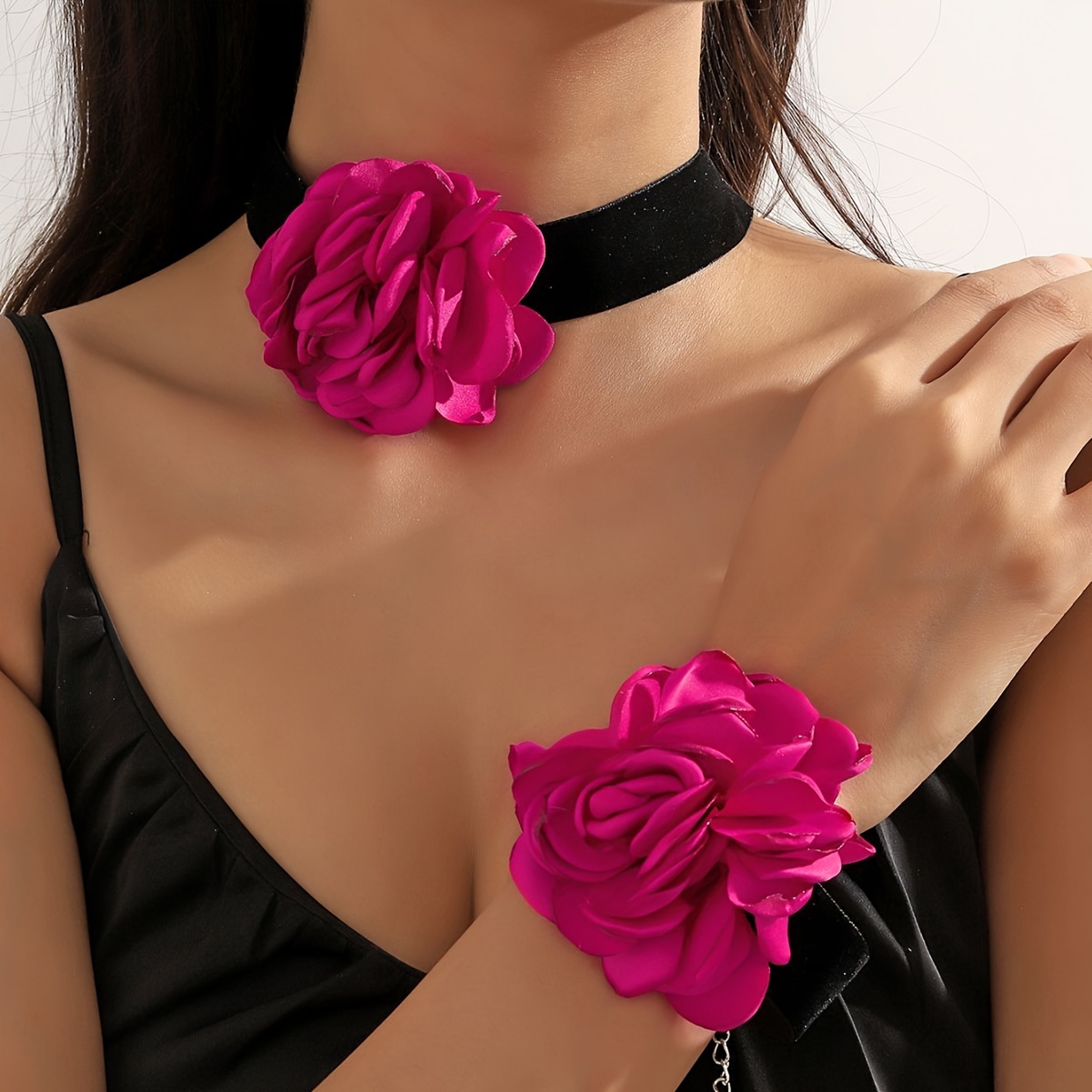 

1 Choker + 1 Bracelet Elegant Jewelry Set Trendy Pink Flower Design Symbol Of Romance And Mystery Match Daily Outfits Party Accessories