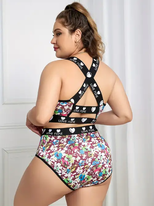 Plus Size Letter Tape Floral Jacquard Cut Out Bra Panty Sexy - Temu Canada