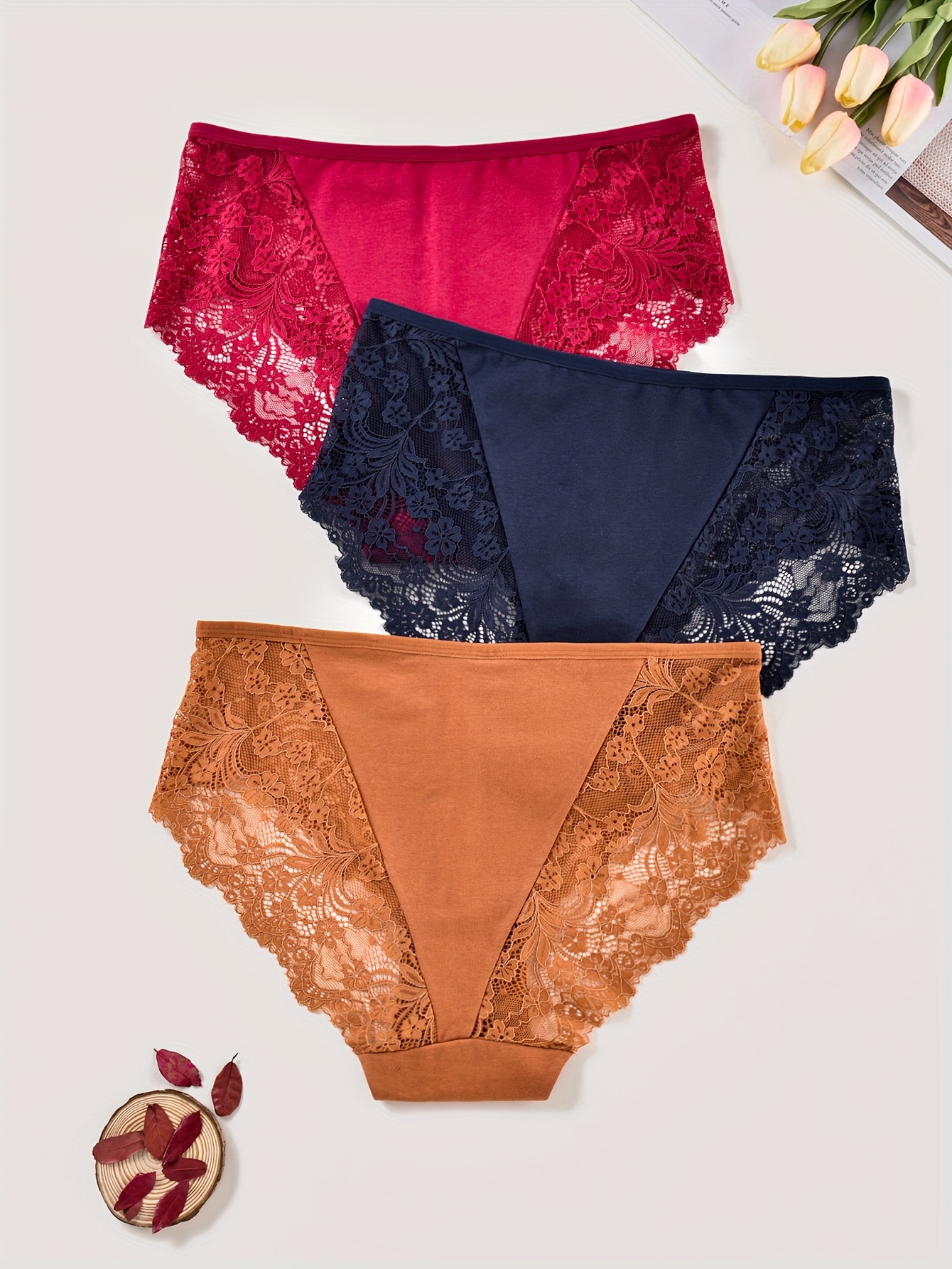 Plus Size Floral Jacquard Contrast Lace Trim Panties Set - Temu