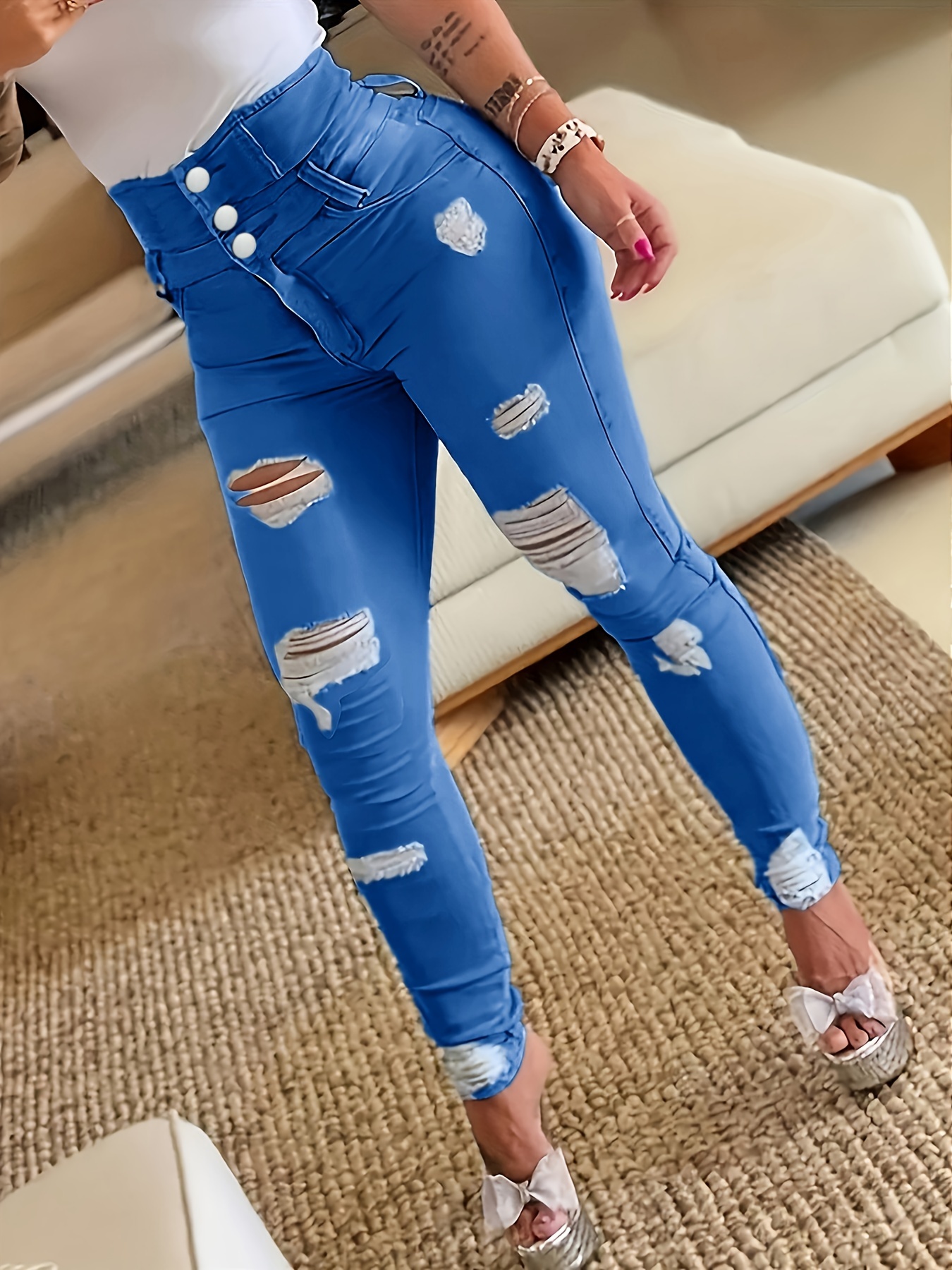 ripped holes casual skinny jeans slash pockets distressed single breasted button high waist denim pants womens denim jeans clothing details 1