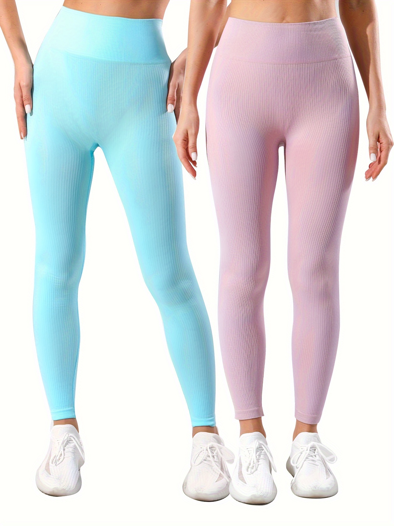 2pcs Pantalones De Yoga De Cintura Alta Acanalados Para Mujeres, Leggings De Entrenamiento De Alta Elasticidad De Color Sólido, Ropa Deportiva Para Mujeres