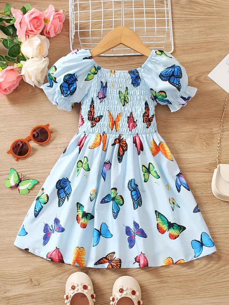 toddler girls puff sleeve frill trim shirred colorful butterfly graphic princess dress for party beach vacation cute romantic kids summer clothes details 8