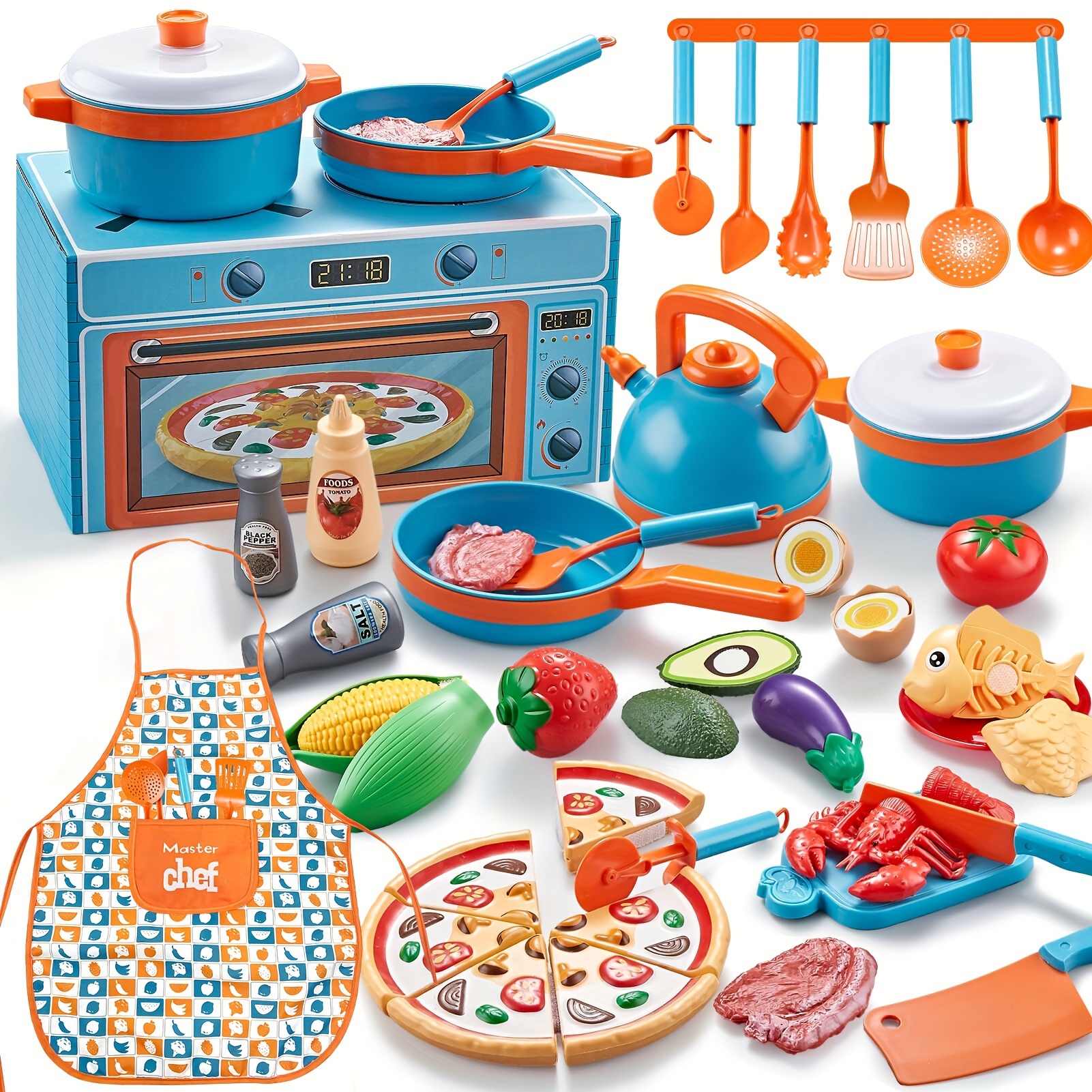 26 accesorios de cocina de juguete, juguetes de cocina con utensilios de  cocina de acero inoxidable, delantal y sombrero de chef, juego de ollas y