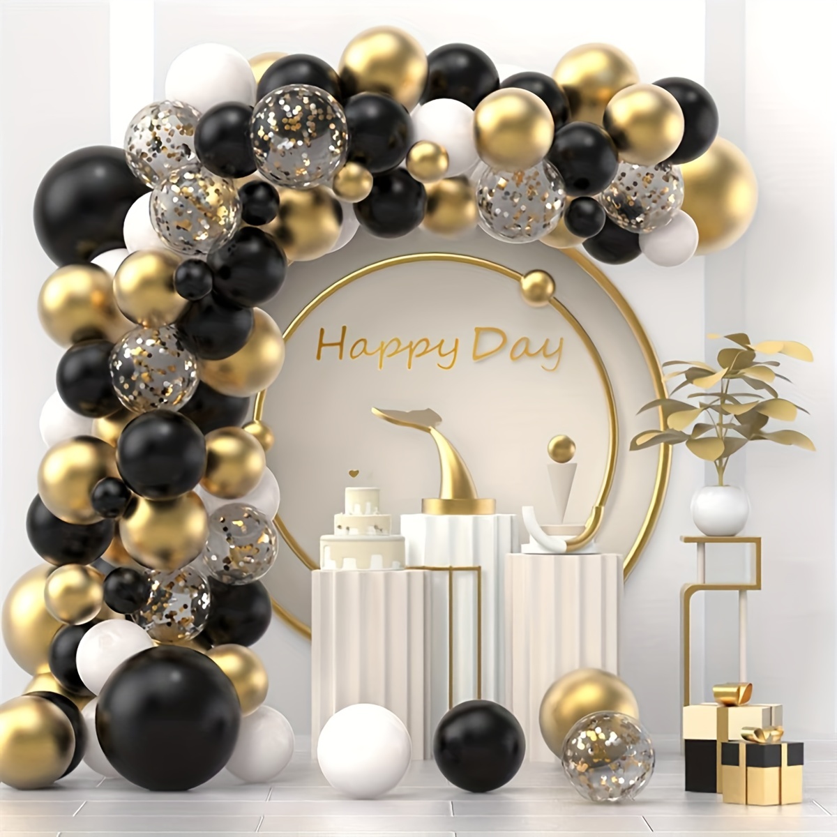 132pcs, 5/10/12/18 Inch Black Gold White Confetti Latex Balloon Arch  Garland For Birthday Prom Party Decorations, Party Decor Supplies