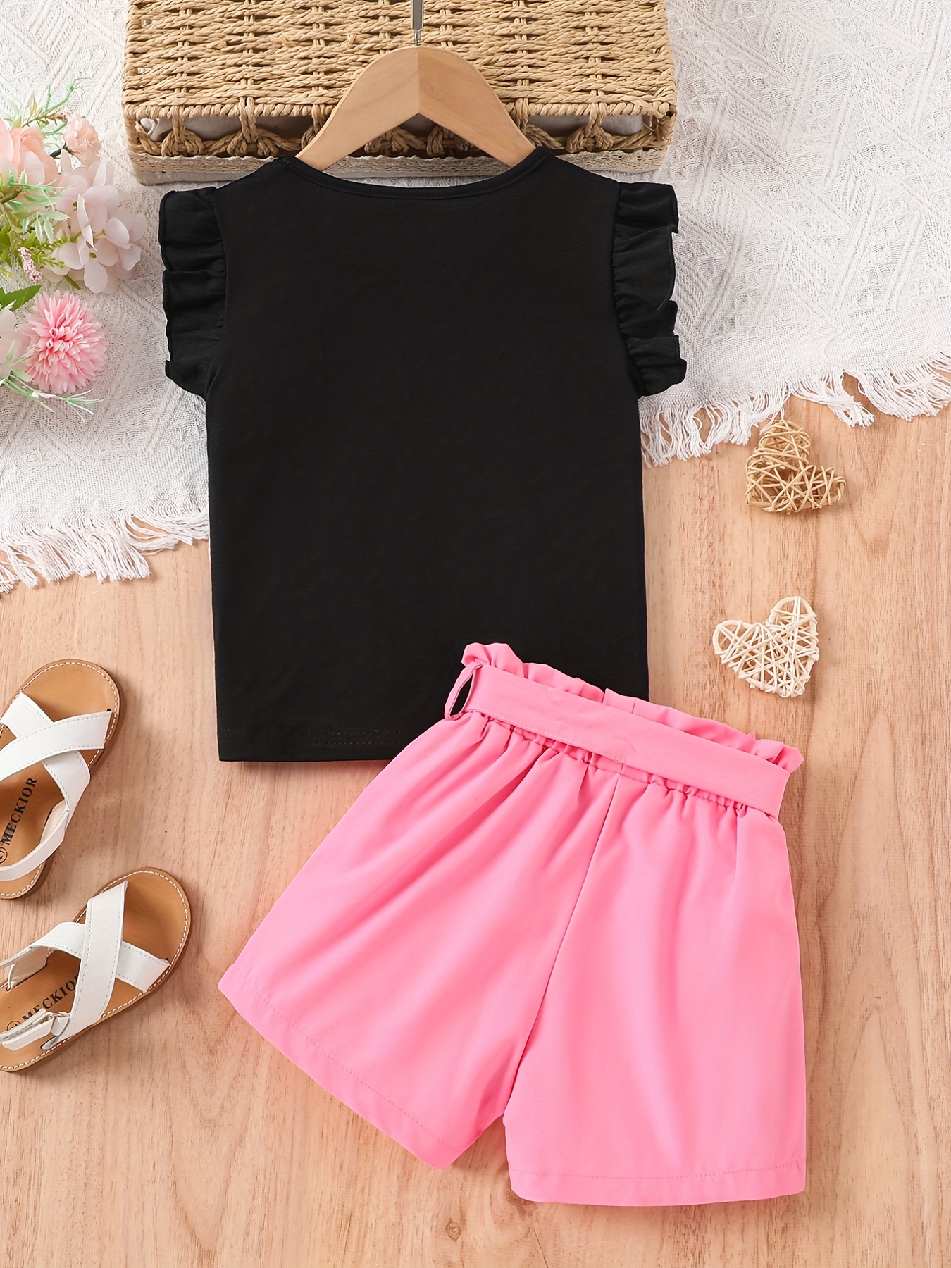 Girls Heart Print Sleeveless Top & Bow Shorts Set for Summer