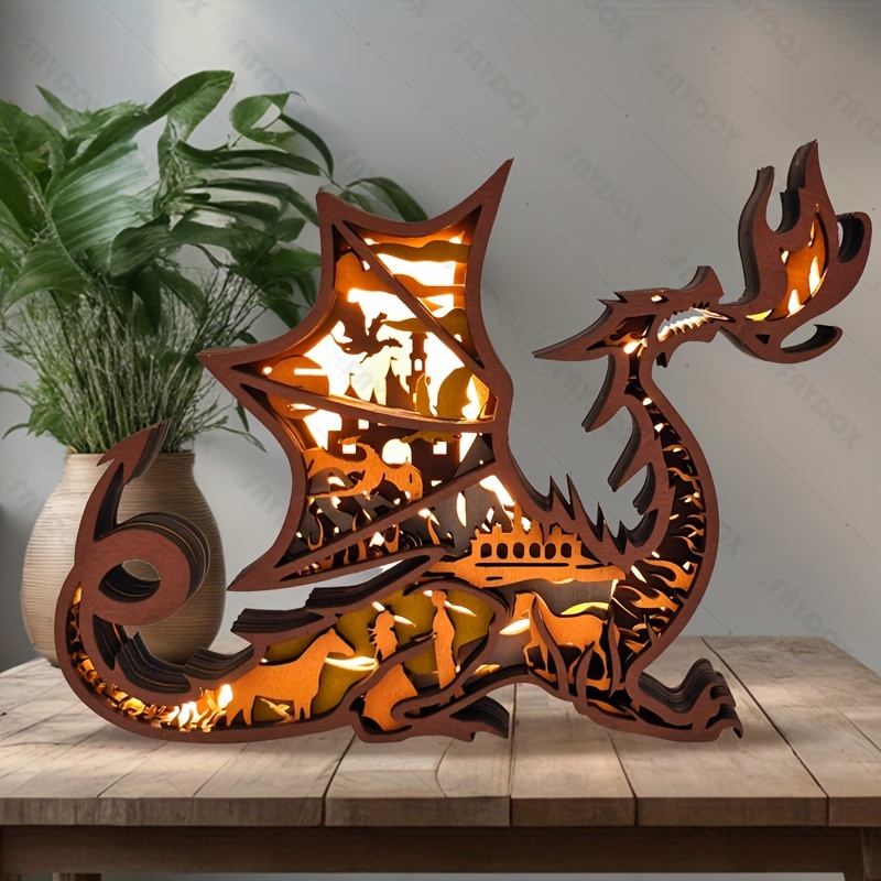 1pc Fire Dragon Wood Carving Decoration, Western Dragon Wood Products LED  Night Light, Indoor Decoration Art, Christmas Decoration Gift Commemorative