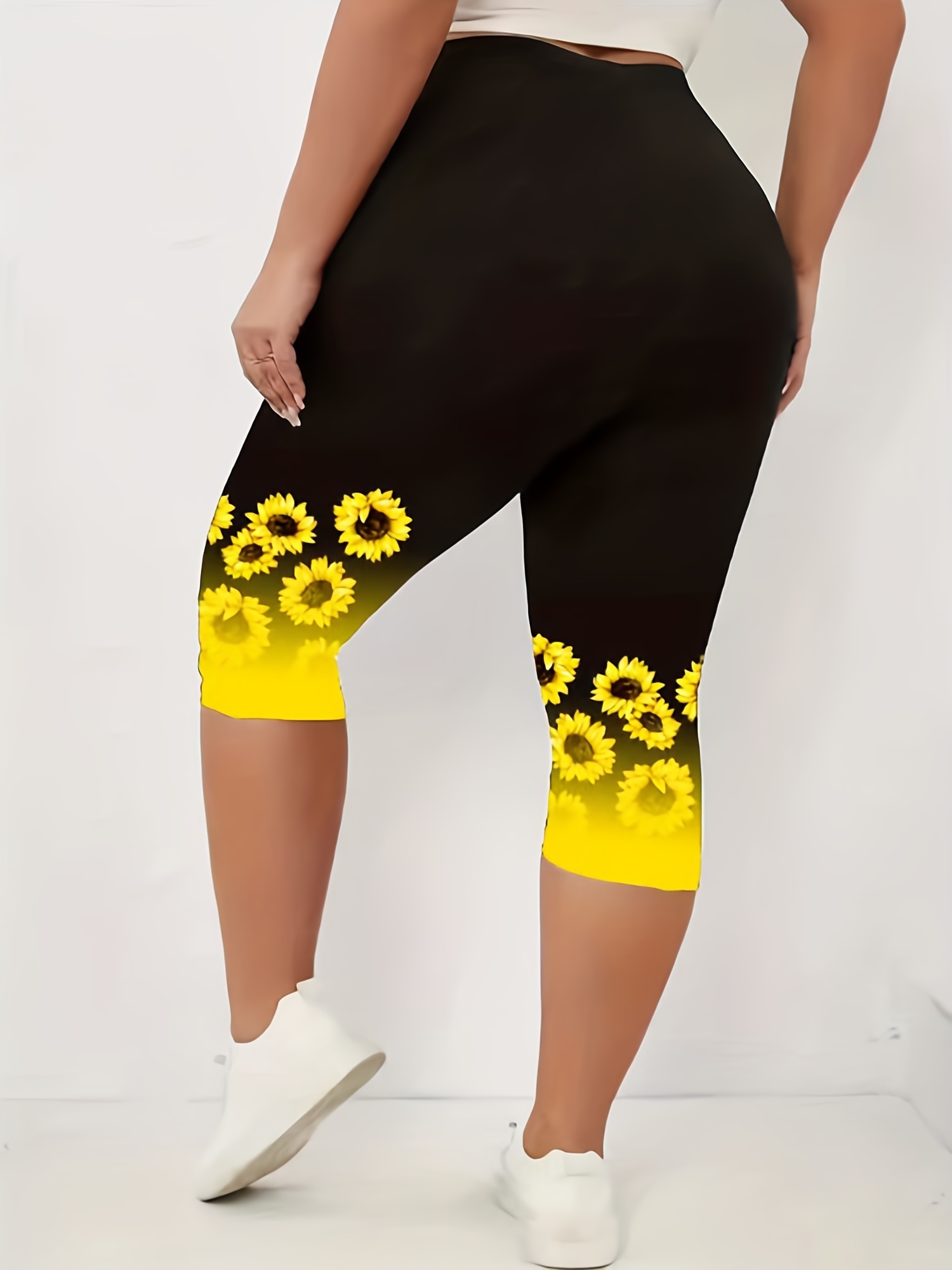 Plus Size Sporty Capri Leggings Women's Plus Sunflower Print - Temu