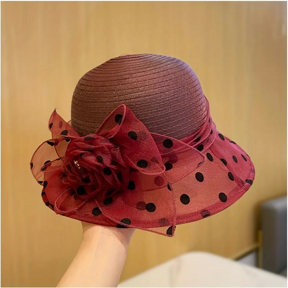 Polka Dot Flower Sun Hat Elegant Organza Derby Hat French Style Bucket Hat  Trendy Casual Women Church Hats For Travel Beach Sea - Temu