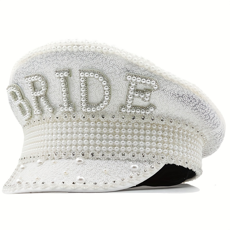 

Bride Hat - White Sequin Faux Pearl Decor Novelty Bridal Hat For The Bride - Great For Bachelorette Parties, Bride Tribes & Weddings