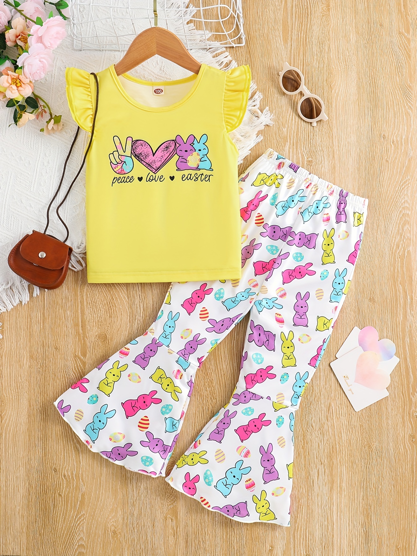 Girl's Sleeveless Top & Elastic Waist Flared Pants Set, Peace Love