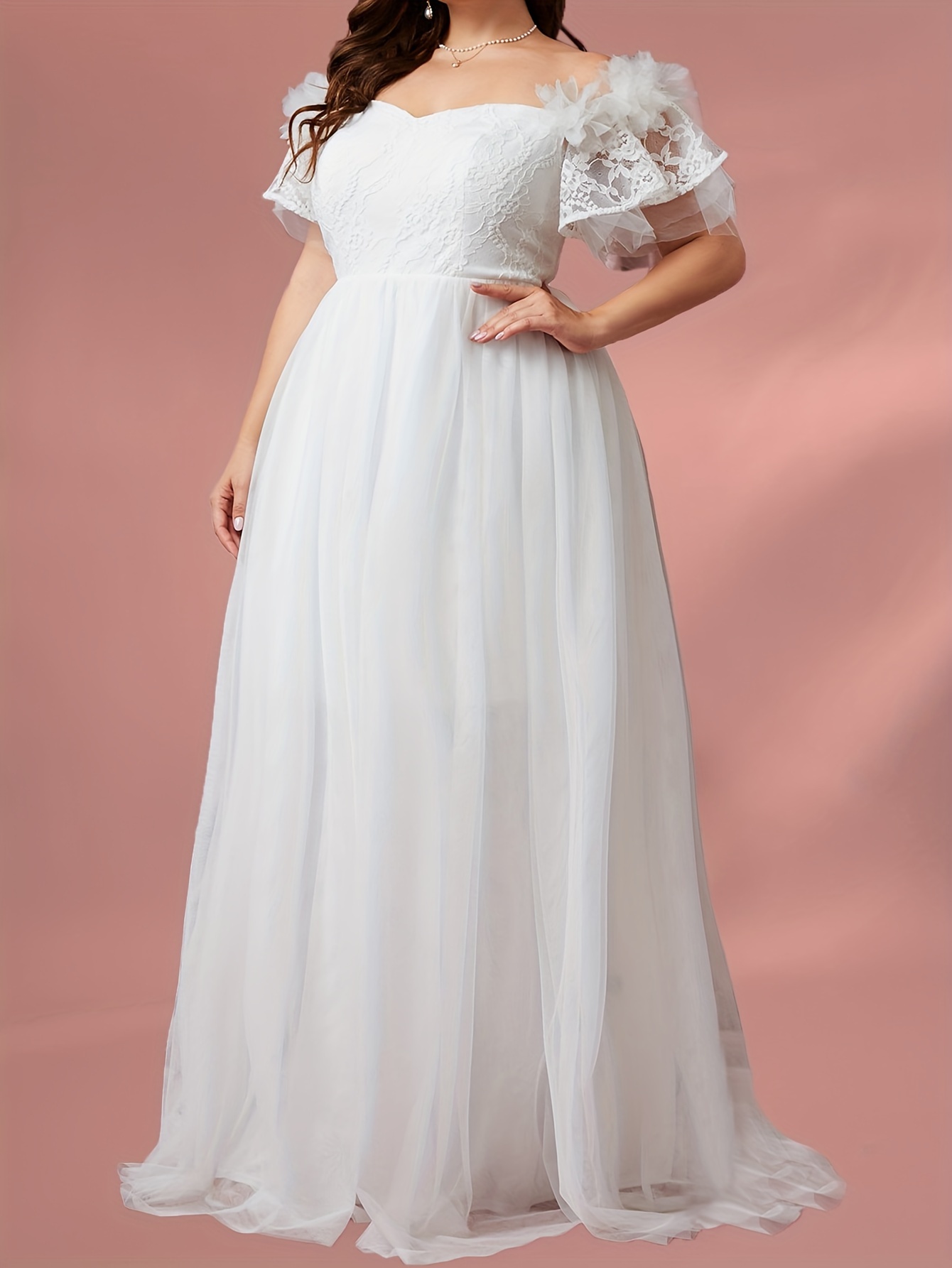 Plus Size Elegant Wedding Dress, Women's Plus Solid Sweetheart Neck Lantern  Sleeve Flowy Evening Prom Dress