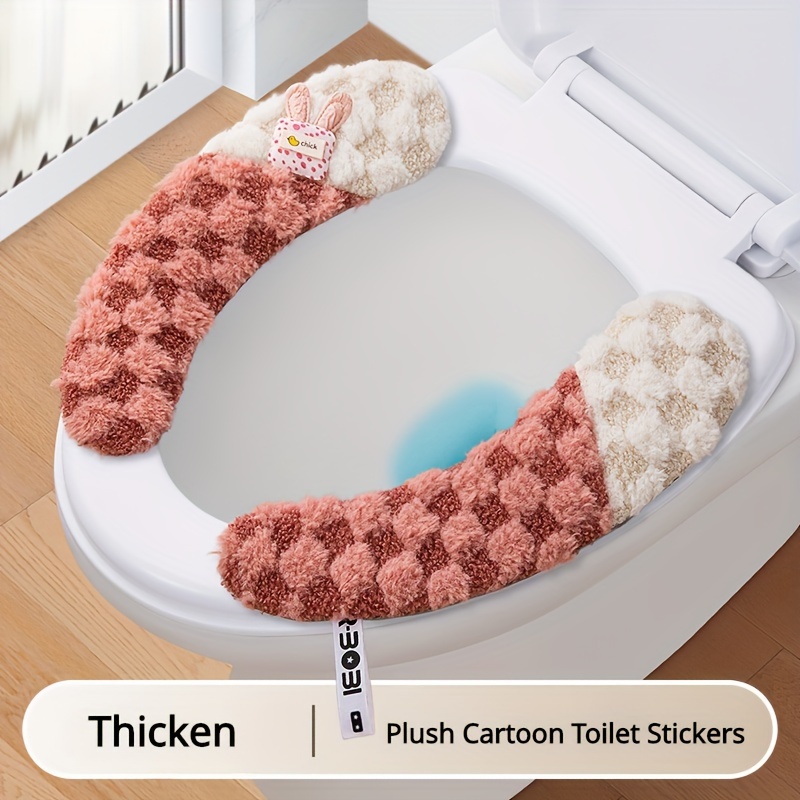 

1pair Thickened Plus Velvet Toilet Cushion, Household Toilet Mat Seat Cushion, Washable Warm Universal Toilet Cover, Checkerboard Rabbit Ear Type Toilet Sticker