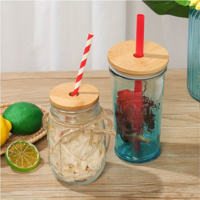 Reusable Bamboo Mason Jar & Beer Can Glass Lid with Straw Hole