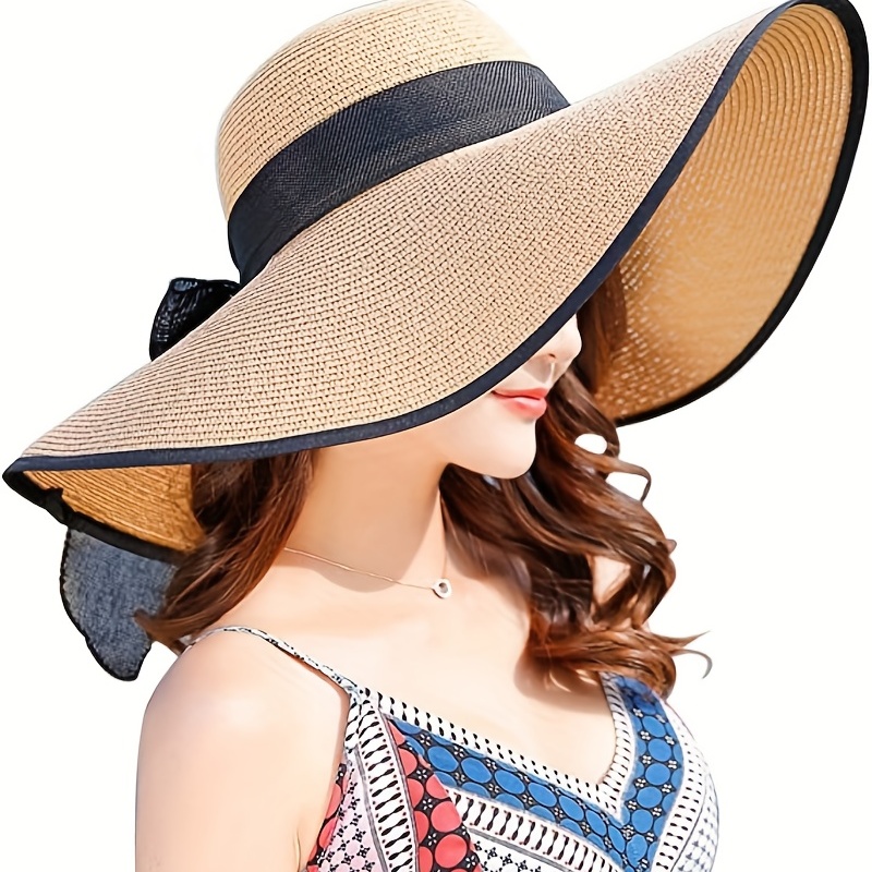 Large Brim Face Covering Bow Decor Straw Hat, Sun Protection Beach Hat for Outdoor, Women's Caps & Hats,Temu
