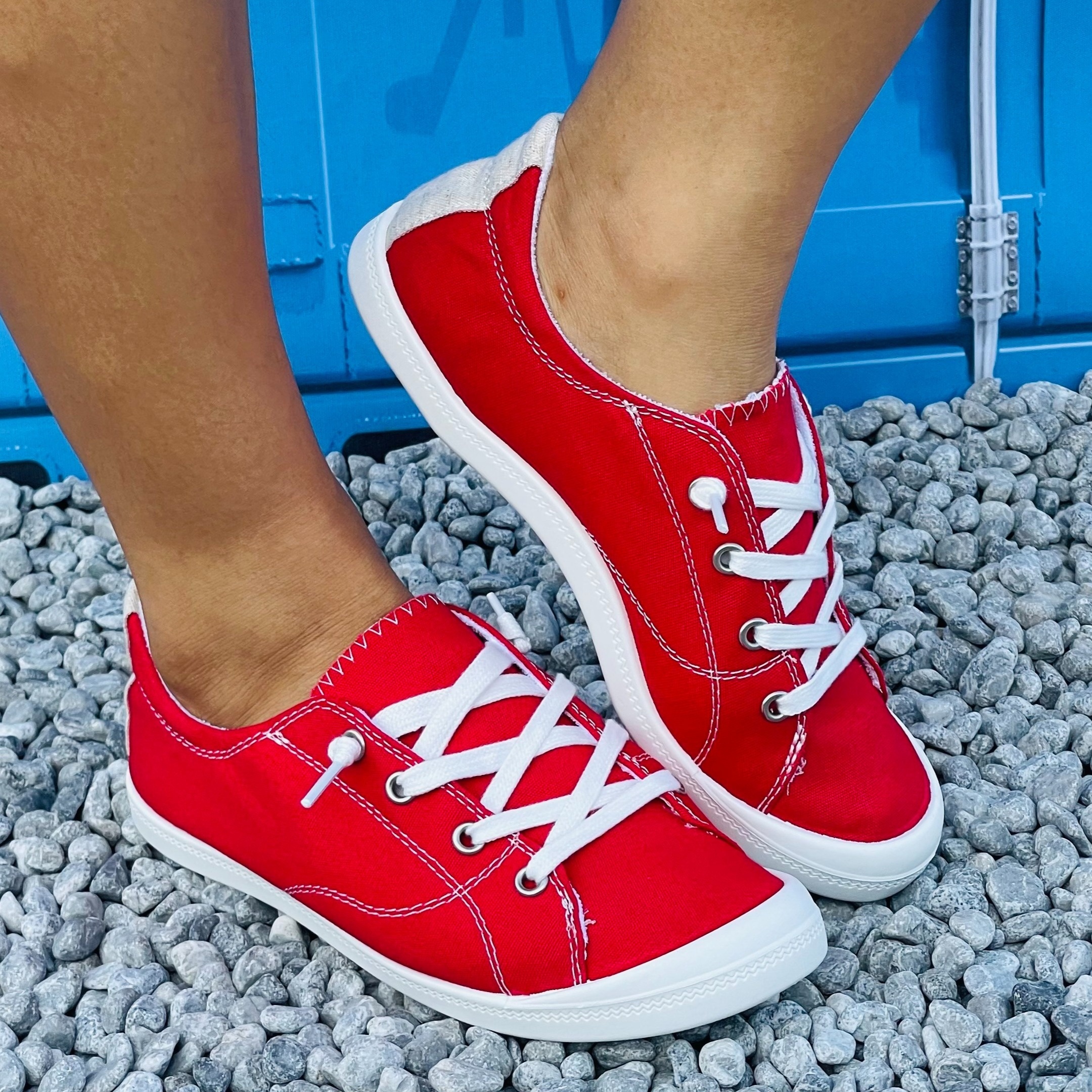 Red and deals white canvas shoes