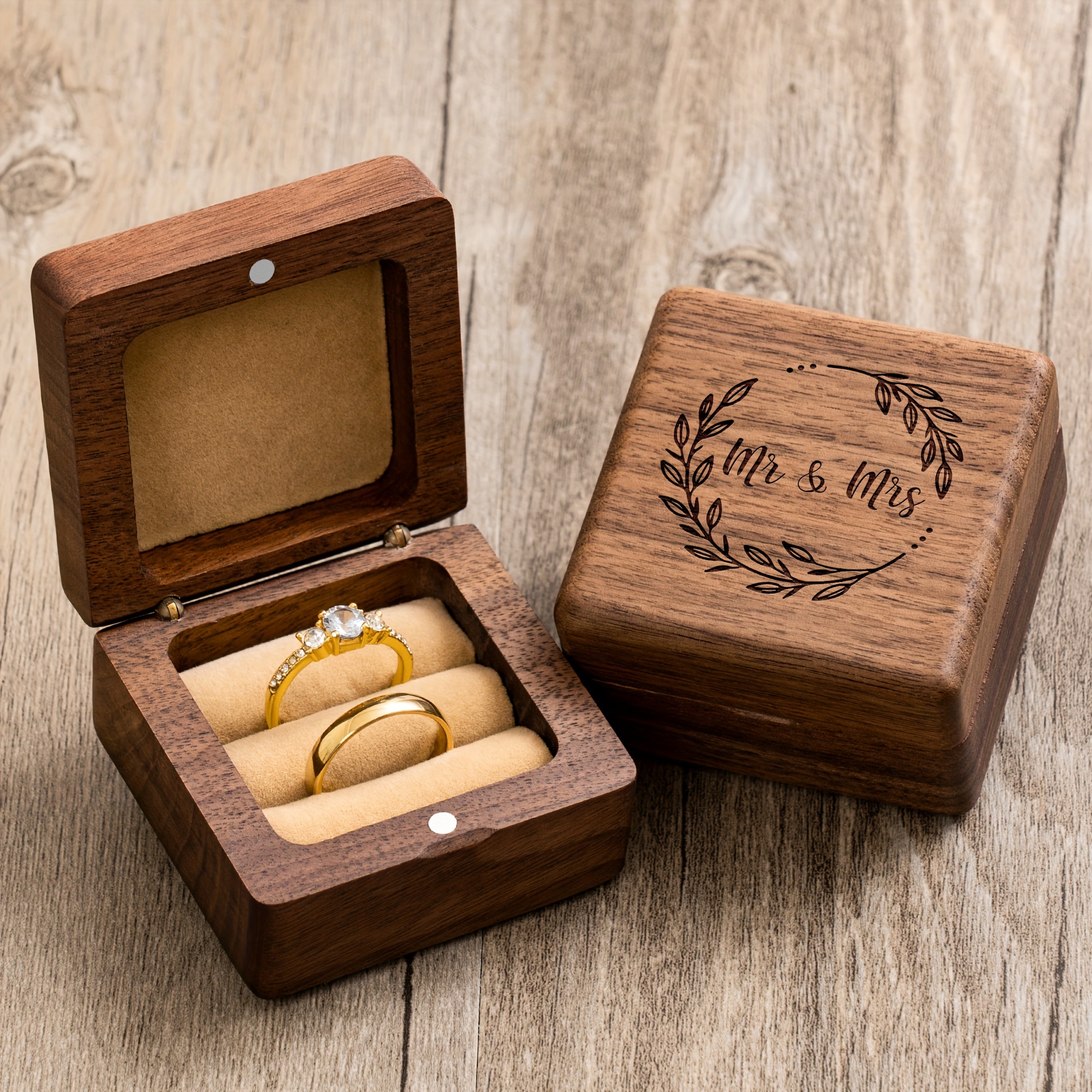 

Engagement Proposal Wedding Ceremony Engraved Walnut Wood Ring Box Mr & Mrs, Ring Bearer Box For 2 Rings, Upscale Gifts Display Supplies For Couples