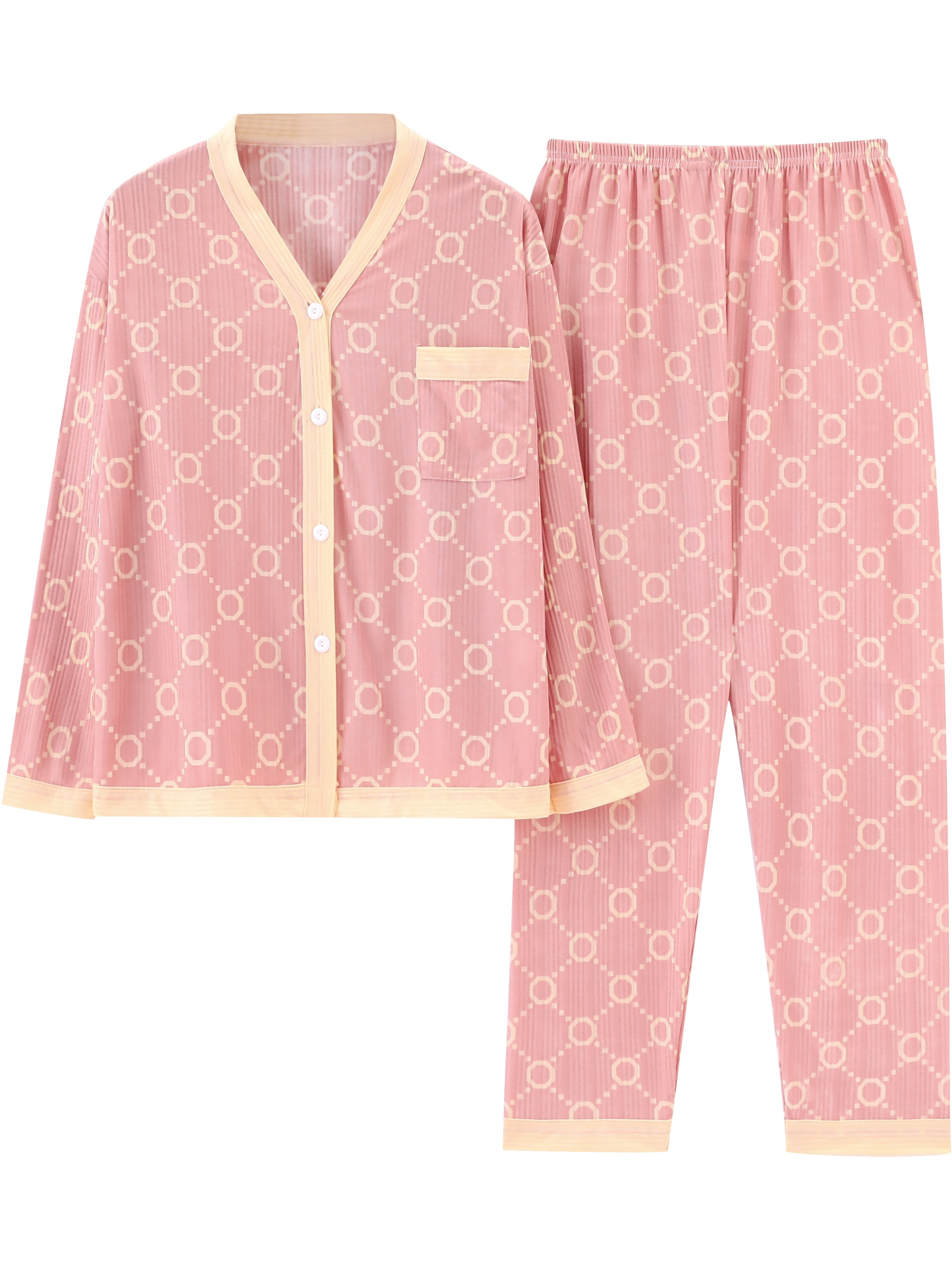 Plus Size Casual Pajama Set, Women's Plus Colorblock Geometric Print Long  Sleeve Button Up Top With Pocket & Pants Pajama Two Piece Set