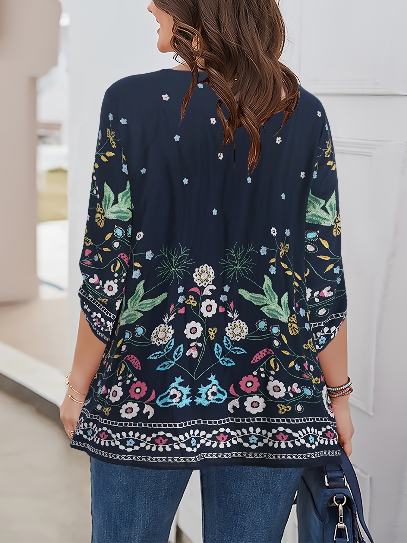 Lucky Brand Boho 3X Blue Embroidered Floral-Print Top