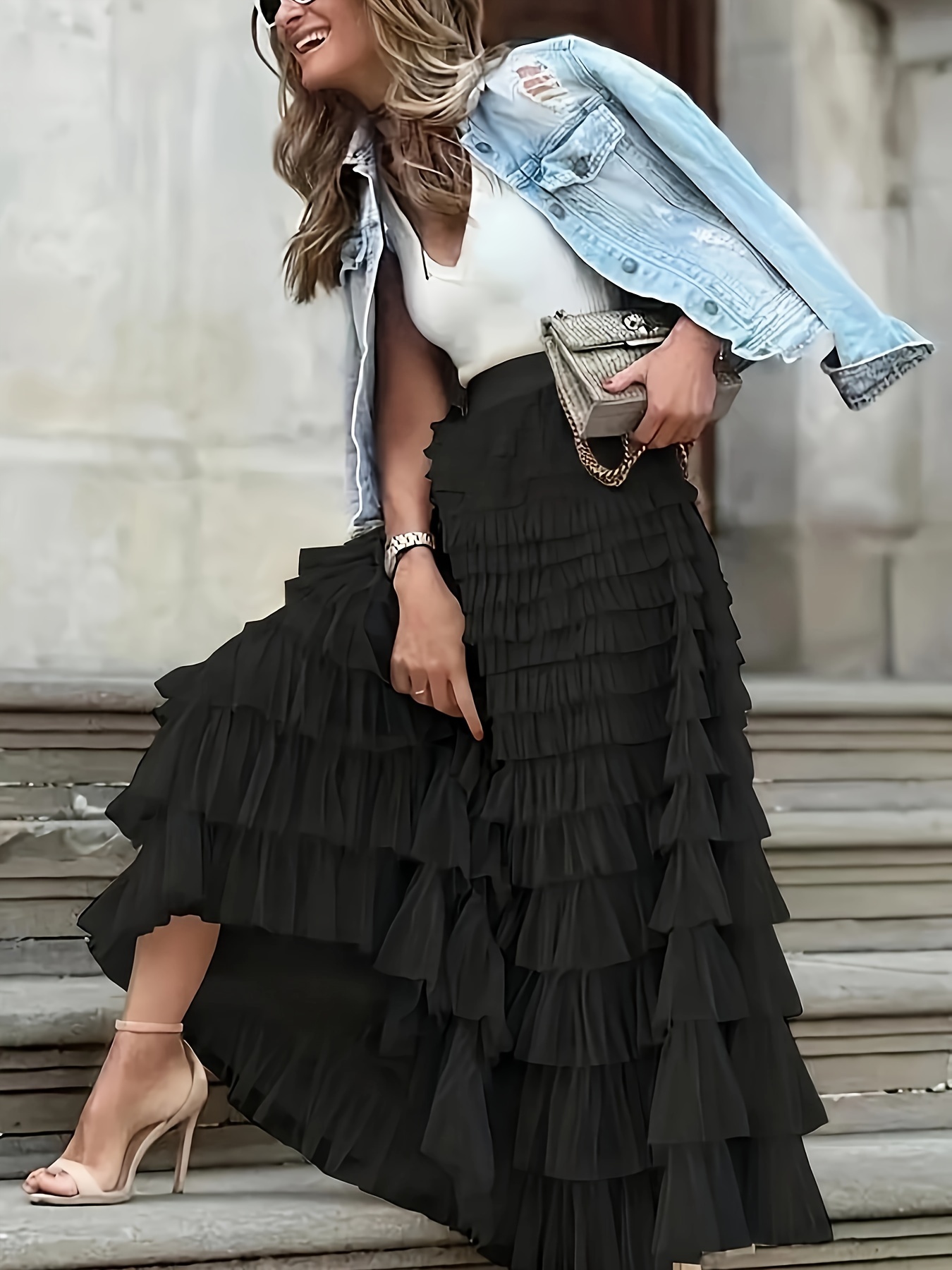 Laced Skirt Black 70s Skirt 1970s Guy Laroche Black Silk Tiered