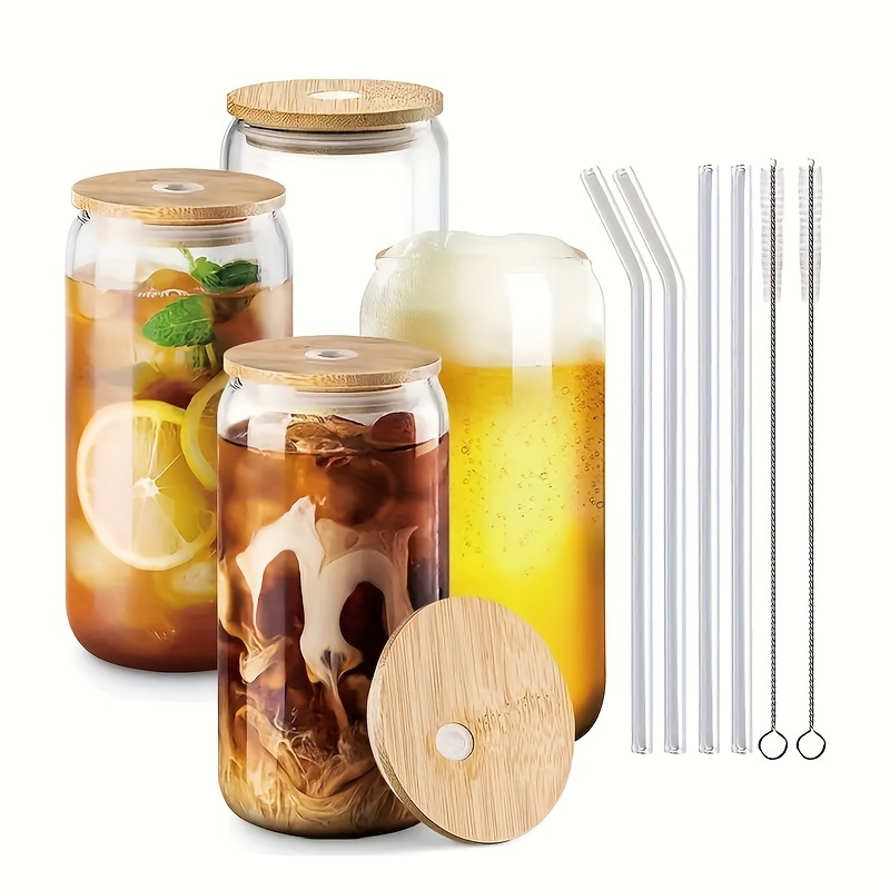 [ 8pcs Set ] Drinking Beer Glasses with Bamboo Lids and Glass  Straw - 16oz Can Shaped Glass Cups, Iced Coffee Glasses, Cute Tumbler Cup,  Ideal for Cocktail, Whiskey, Gift 