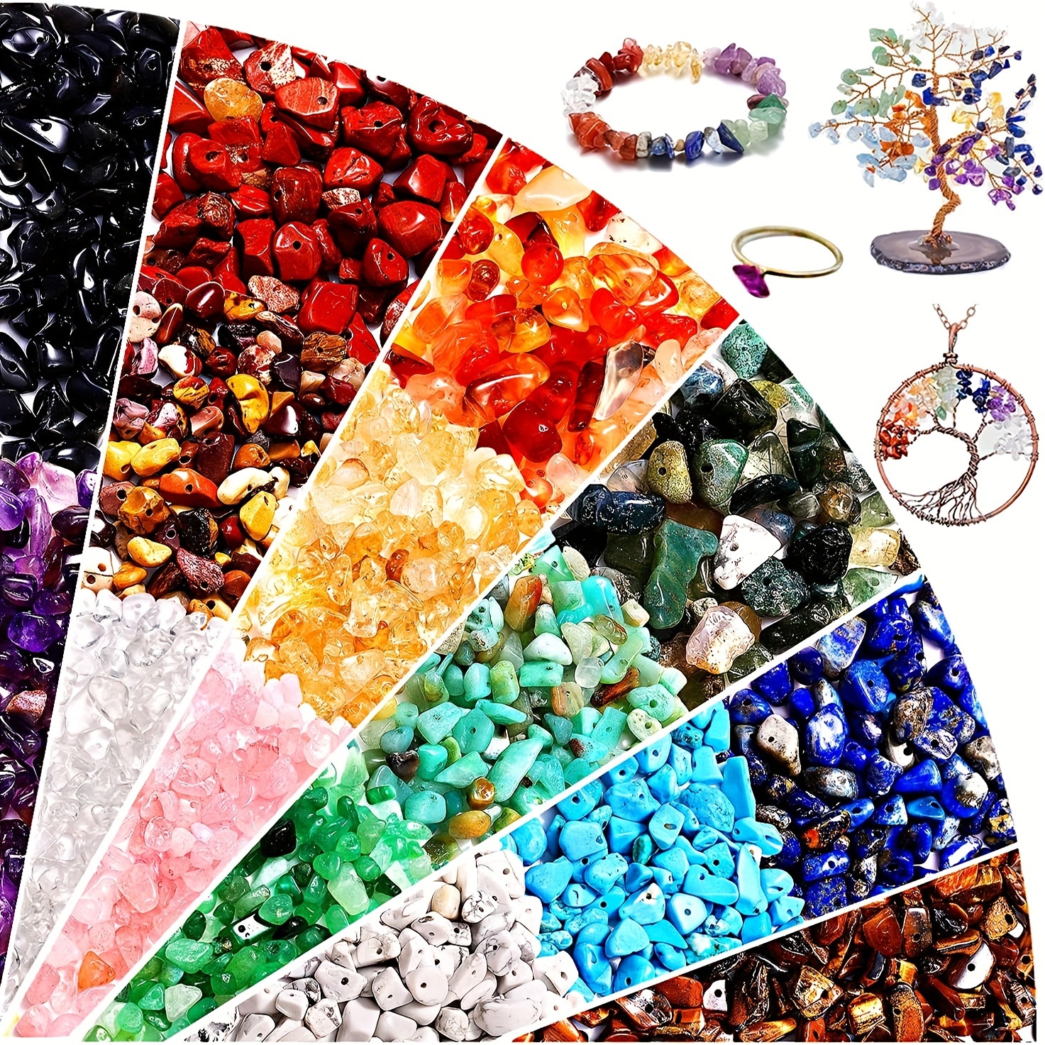 Massive Beads 100PCS 8MM Natural Crystal Beads 10 Kinds of Wooden Beads  Round Loose Energy Healing Beads with Free Crystal Stretch Cord for Jewelry