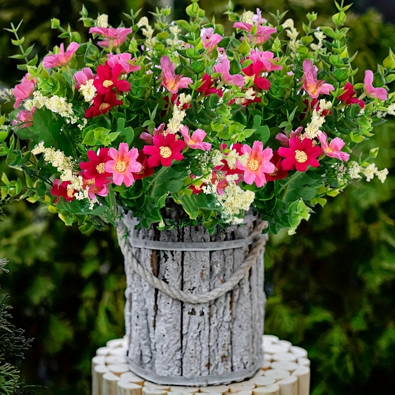 Flores artificiales de margaritas para exteriores, resistentes a los rayos  UV, 4 paquetes de follaje falso, plantas sintéticas, arbustos de plástico