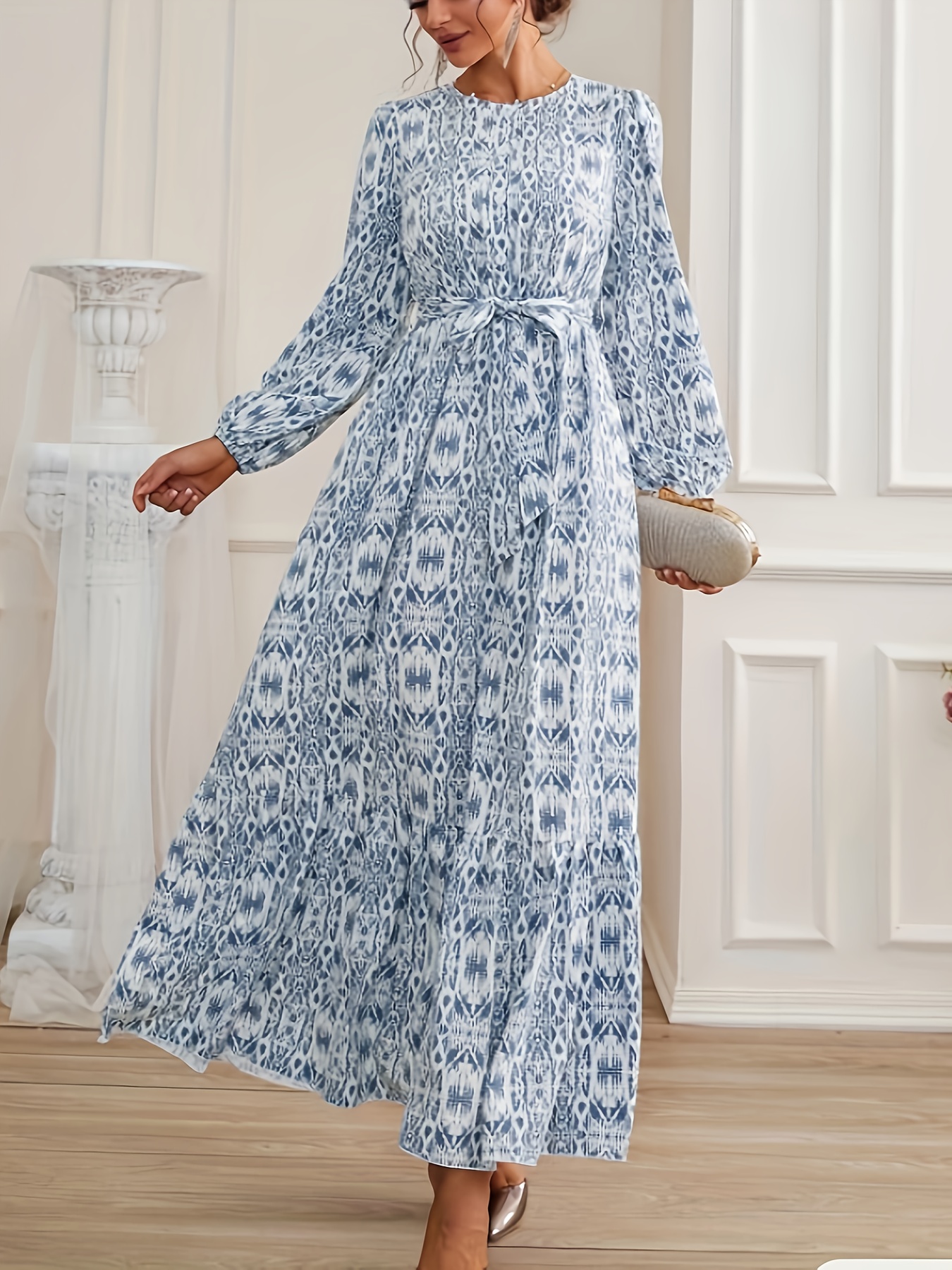 round neck ruffled hem printed maxi dress