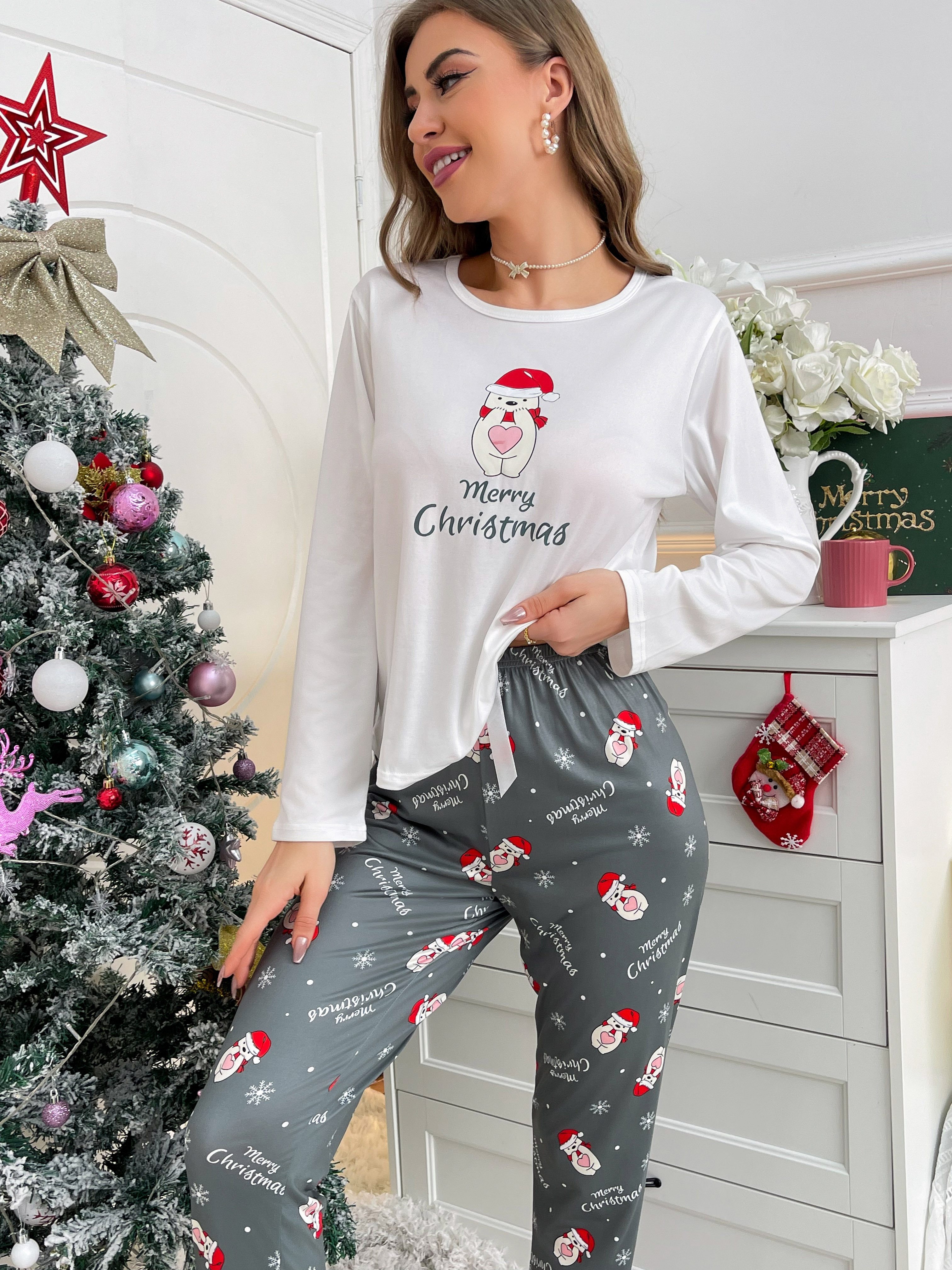 Christmas Graphic Print Pajama Set Long Sleeve Crew Neck Top - Temu