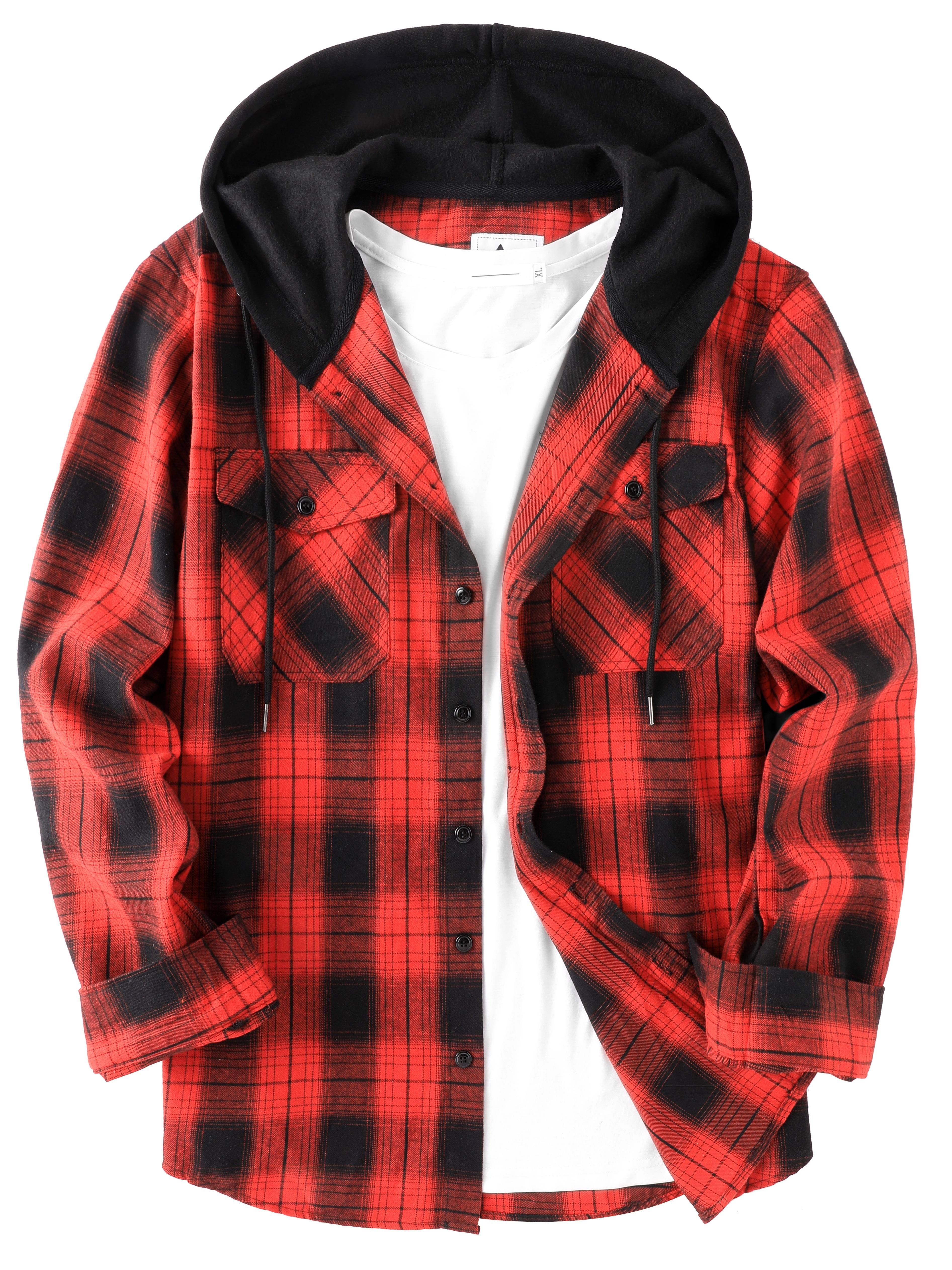 Classic Plaid Pattern Men's Trendy Long Sleeve Hooded Button - Temu