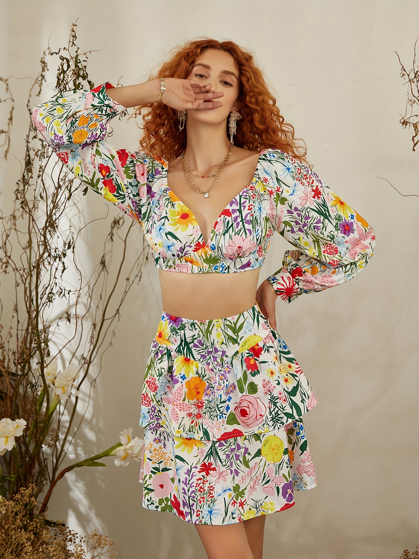 Floral Print Two piece Skirt Set Sweetheart Neck Long Sleeve