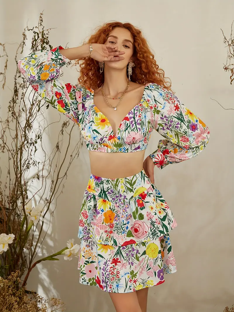 Floral Print Two piece Skirt Set Sweetheart Neck Long Sleeve - Temu Canada