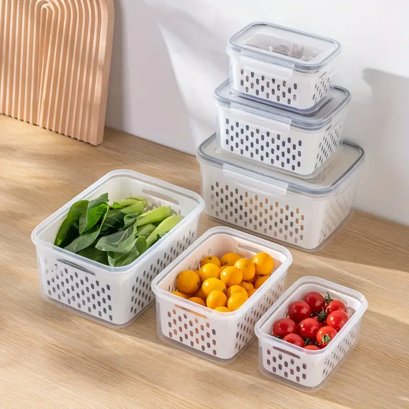 Food Storage Containers Fridge Produce Saver Stackable Organizer Keeper  with Lids and Drain Tray for Veggie