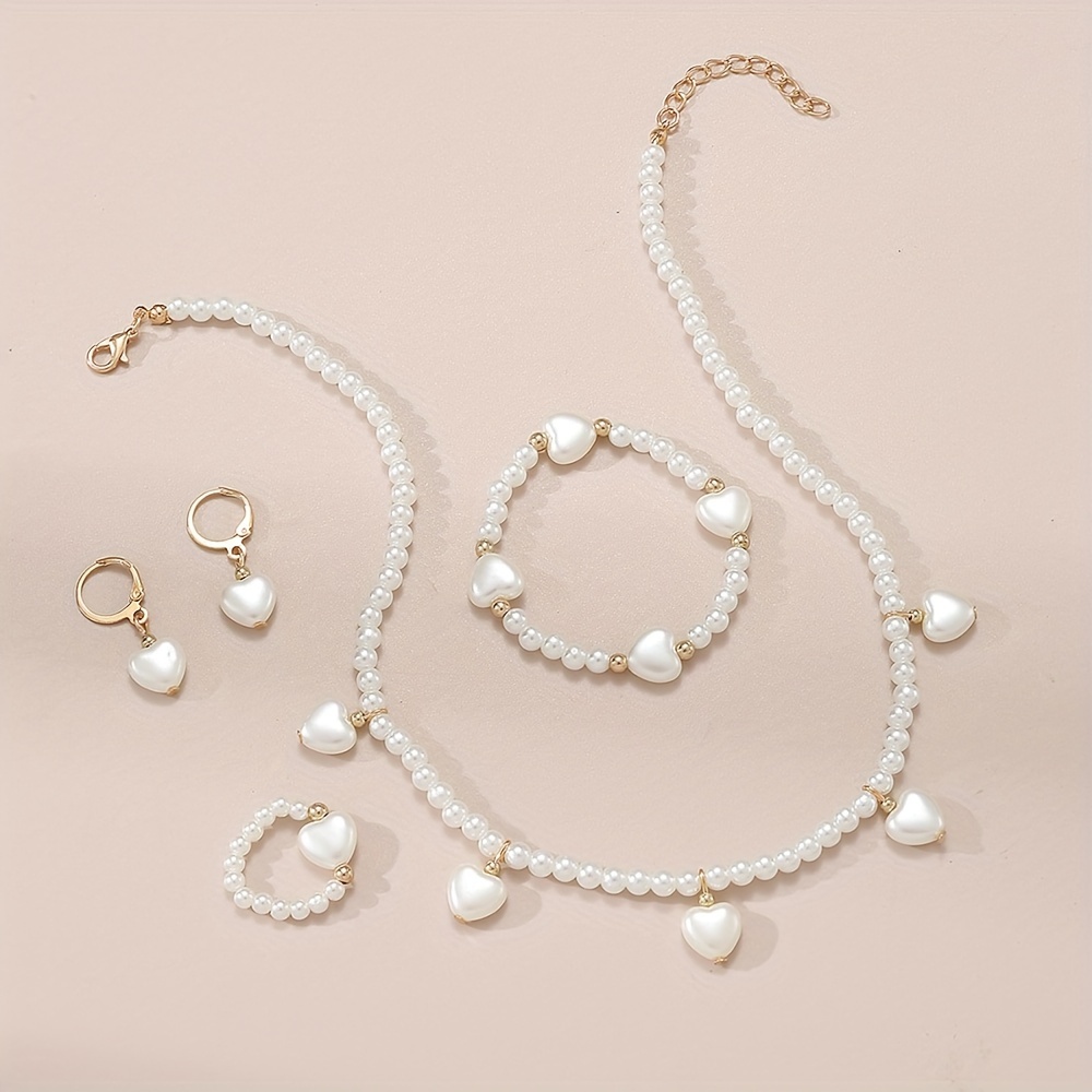 

5pcs/set Girls White Butterfly/heart/star Jewelry Set, 1pc Plastic Beaded Necklace & 1pc Bracelet & 1pc Ring & 2pcs Earrings, Ideal Choice For Gifts