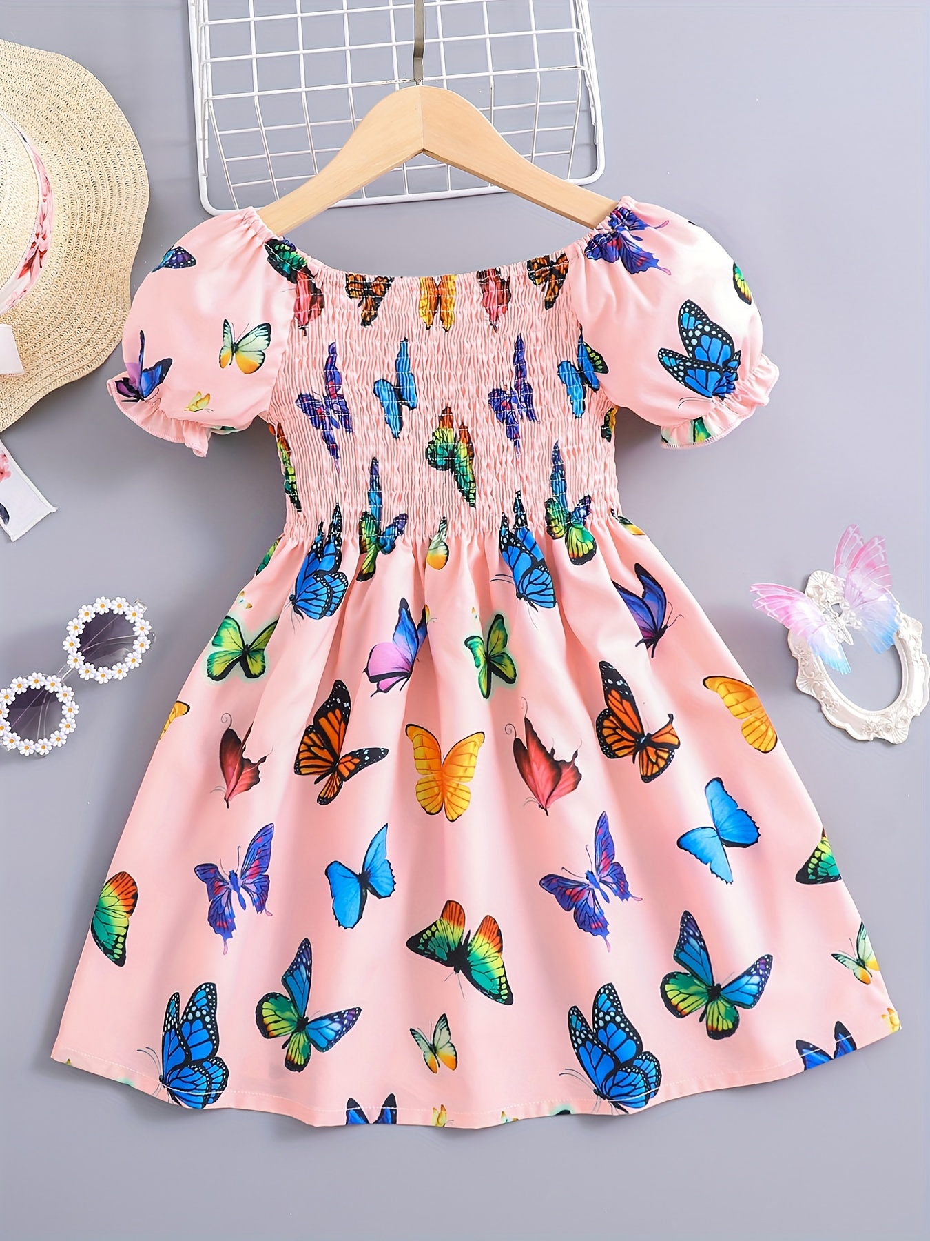 SMILING PINKER Girls Dresses Summer Sleeveless Butterfly Cotton Dress