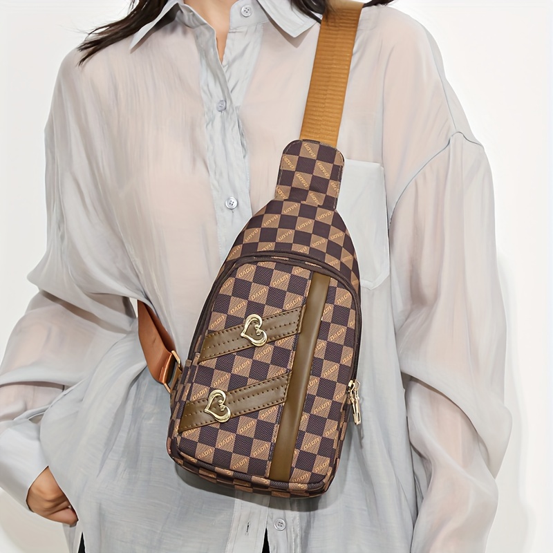 Retro Checkerboard Pattern Sling Bag, Heart Decor Chest Bag, Multi Pockets  Crossbody Bag - Temu
