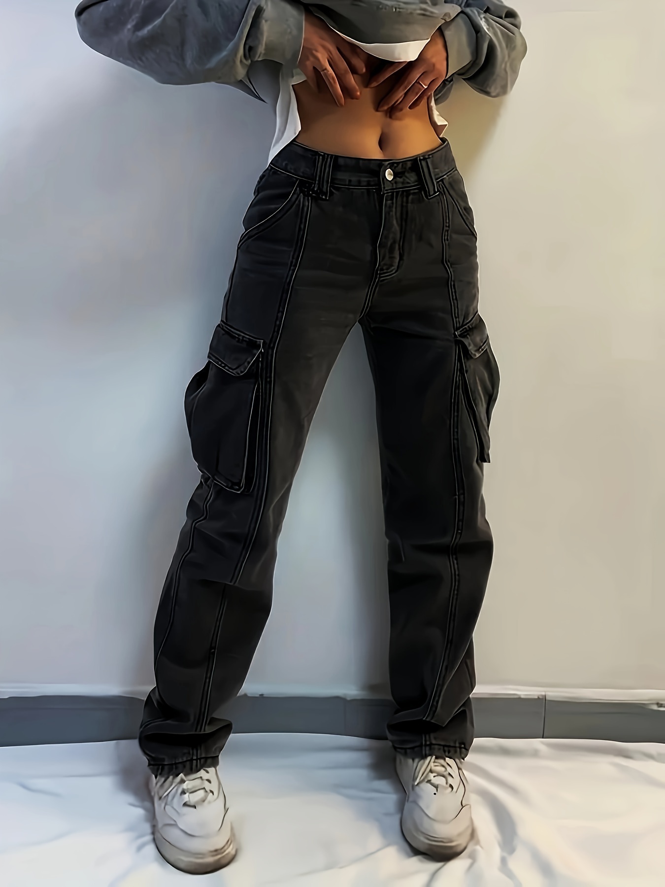 Black Flap Pockets Cargo Pants Loose Fit Y2k Kpop Style - Temu Canada