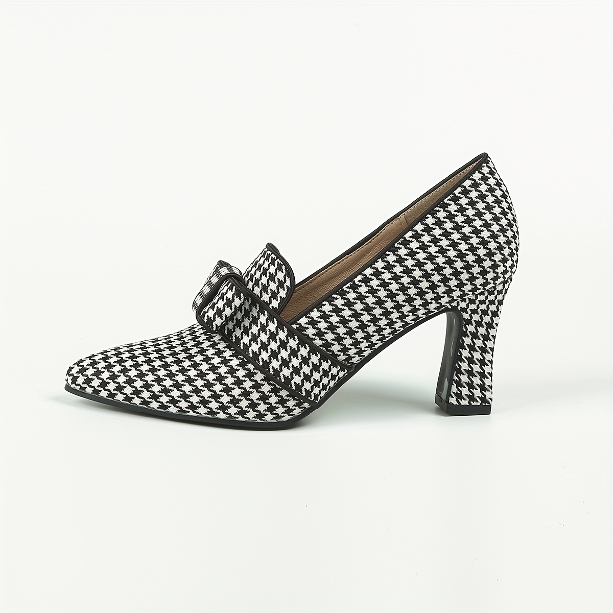 Women's Houndstooth Pumps Bowknot Slip On Chunky Heels