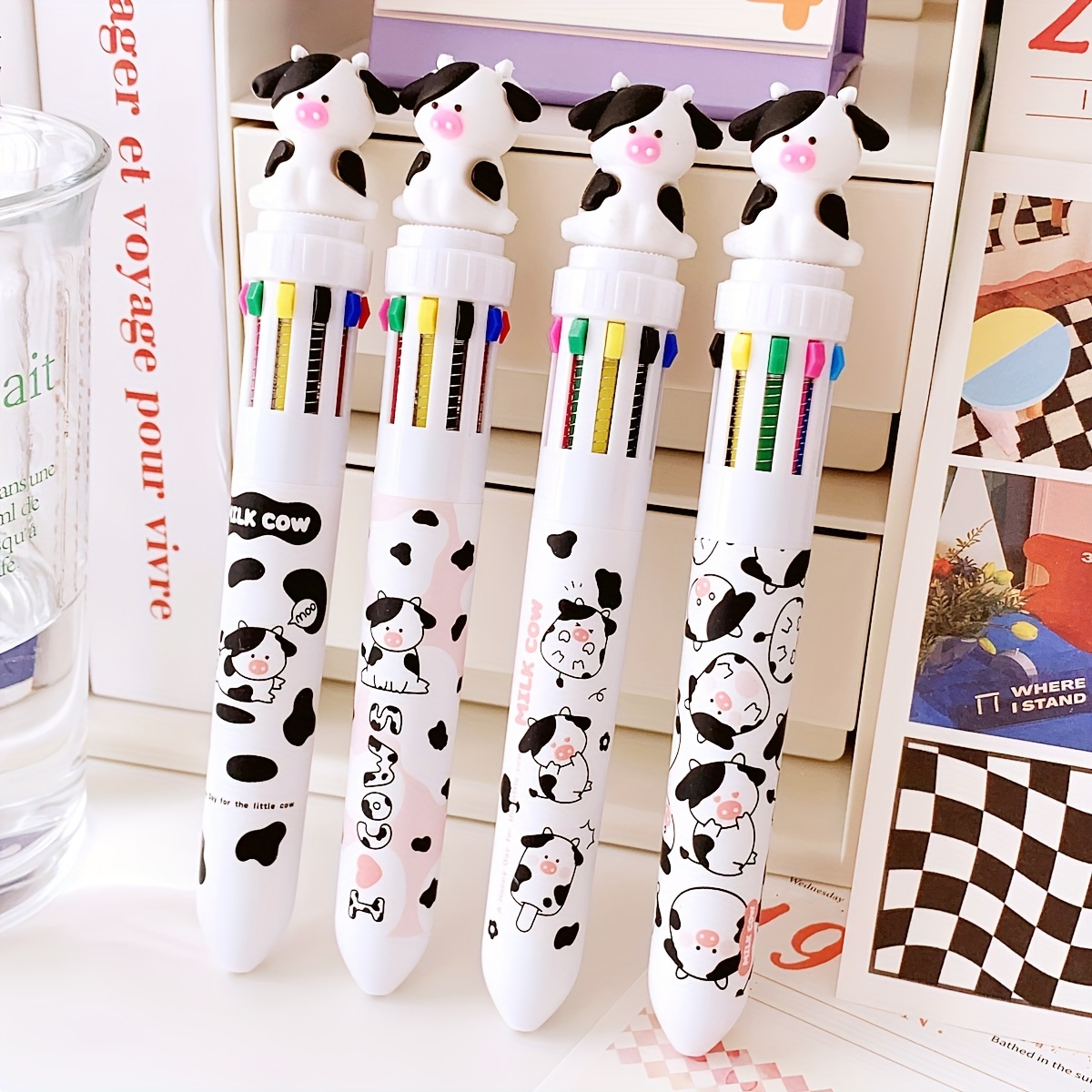 Cute Cow Pen Set 12 Cow Retractable Gel Ink Pens, 2 Cute Cow Pen 0.5 mm  Retractable Black Gel Ink Pens, 2 Cow Sticky Notes, Cute Cow Stickers for