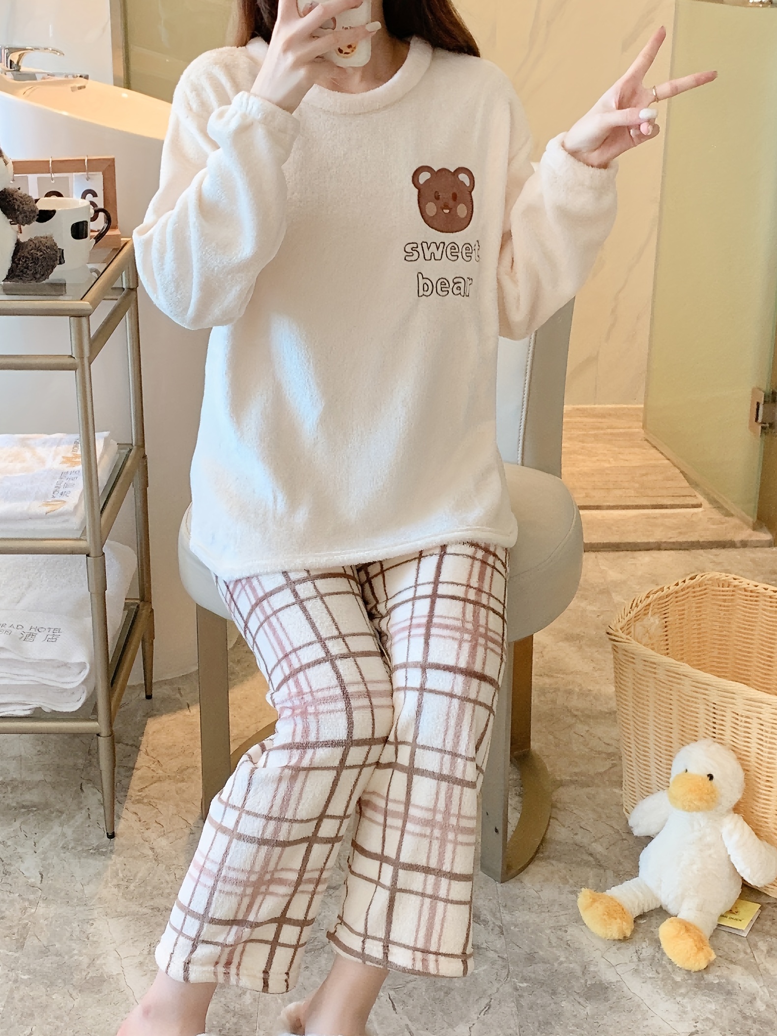 Cute Warm Teddy Bear Pattern Loungewear Pajamas Long Sleeve - Temu Canada